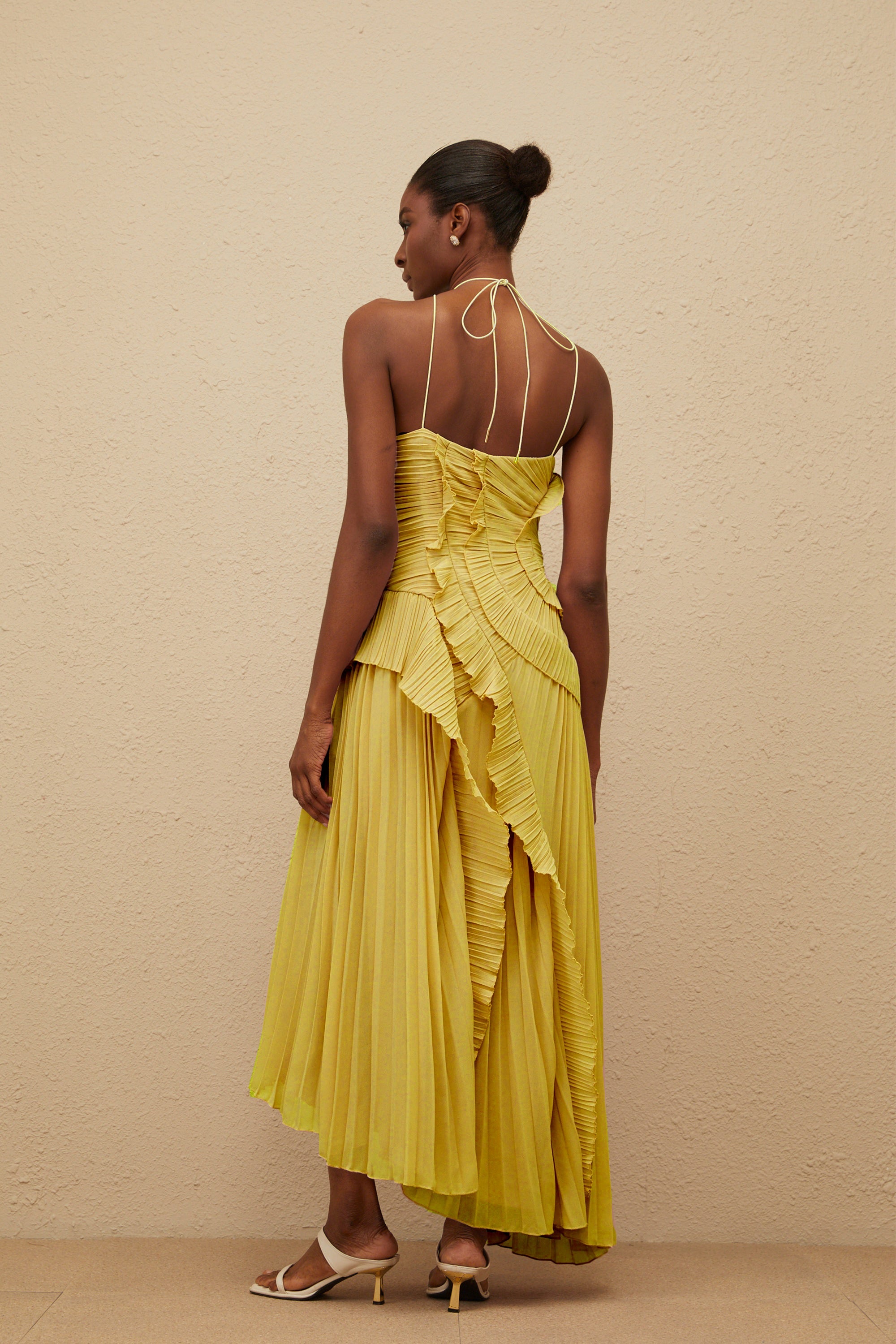 Doux Yellow Ruffled Trim Pleated Midi Dress (Final Sale-US Only)