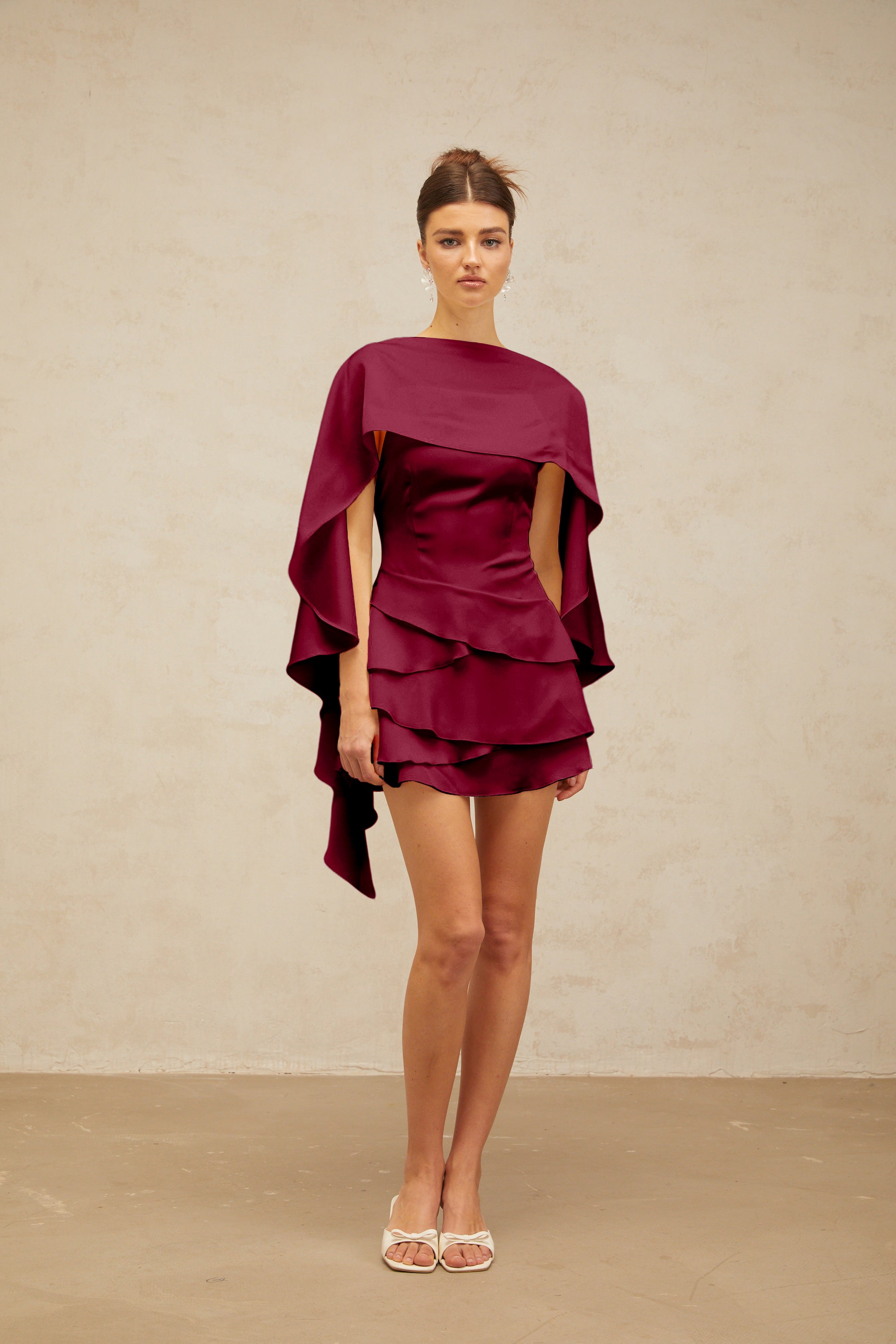 Lyna shawl-panel ruffled satin mini dress in Red (Final Sale)