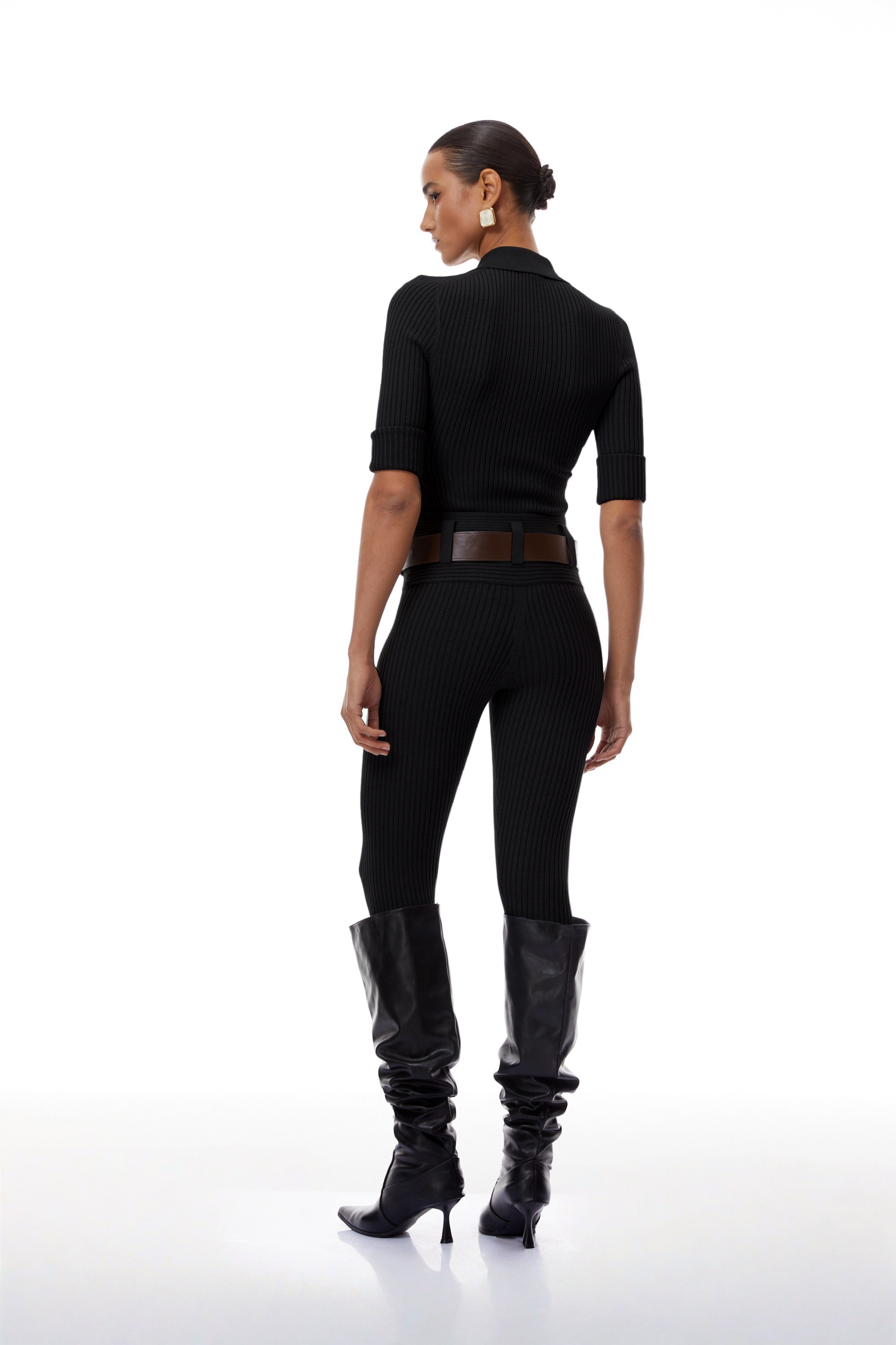 Claire Black Ribbed Knit Bodysuit & Trousers Set