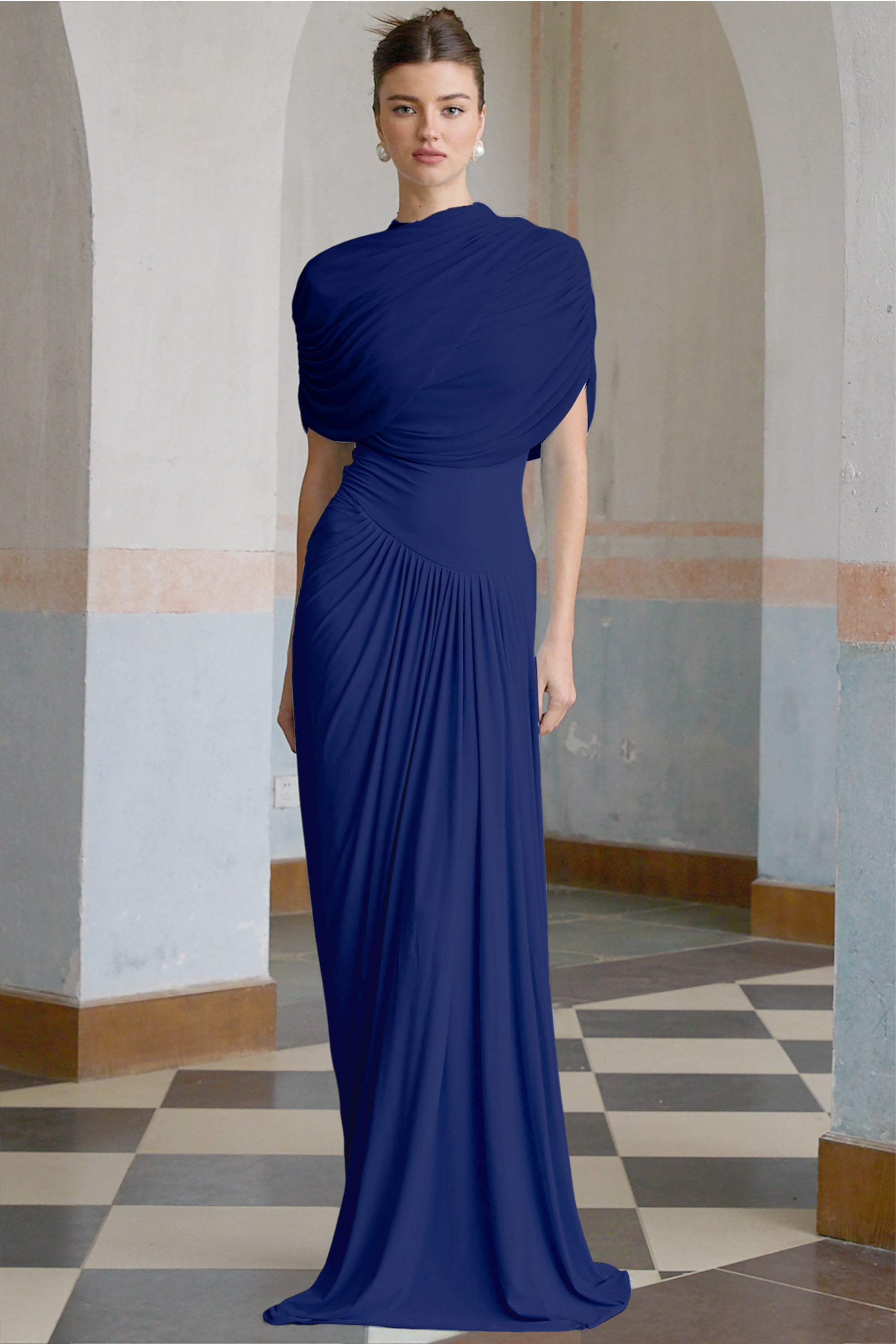 Catherine asymmetrical pleated maxi dress in Navy-blue