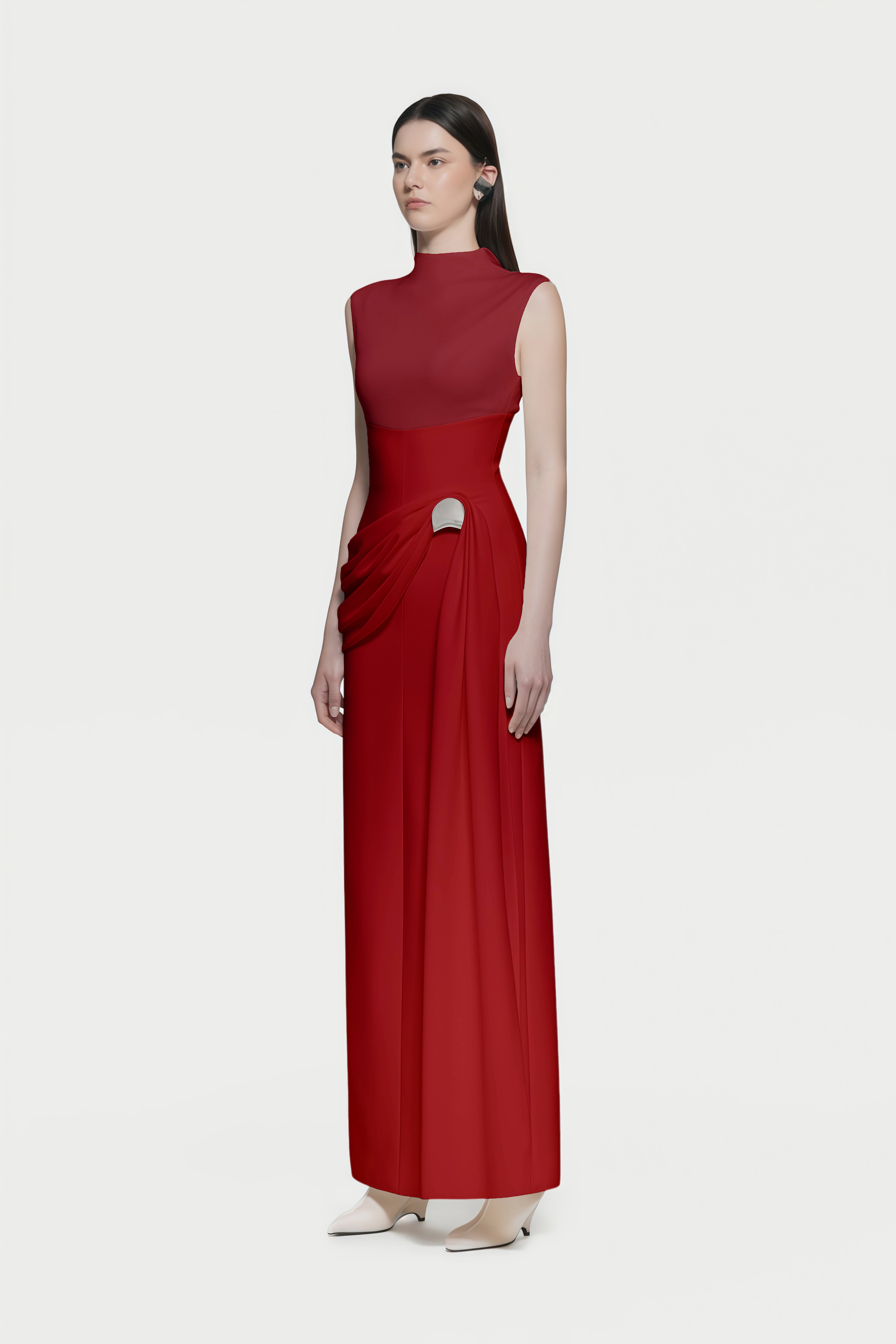 Arna Red Knit Panel Gathered Maxi Dress