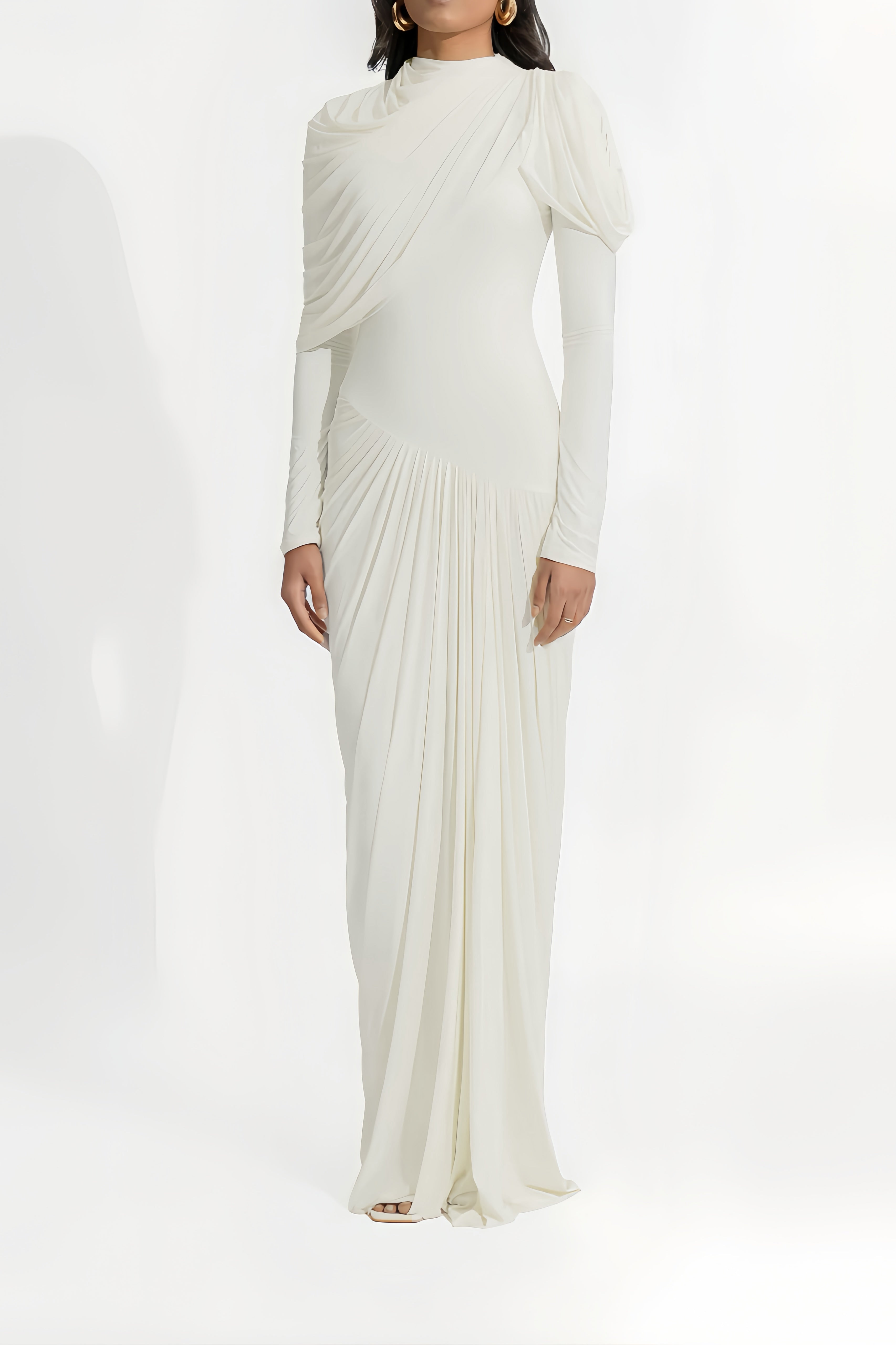 Bronwyn White Draped Pleated Asymmetrical Maxi Dress (Final Sale-US Only)
