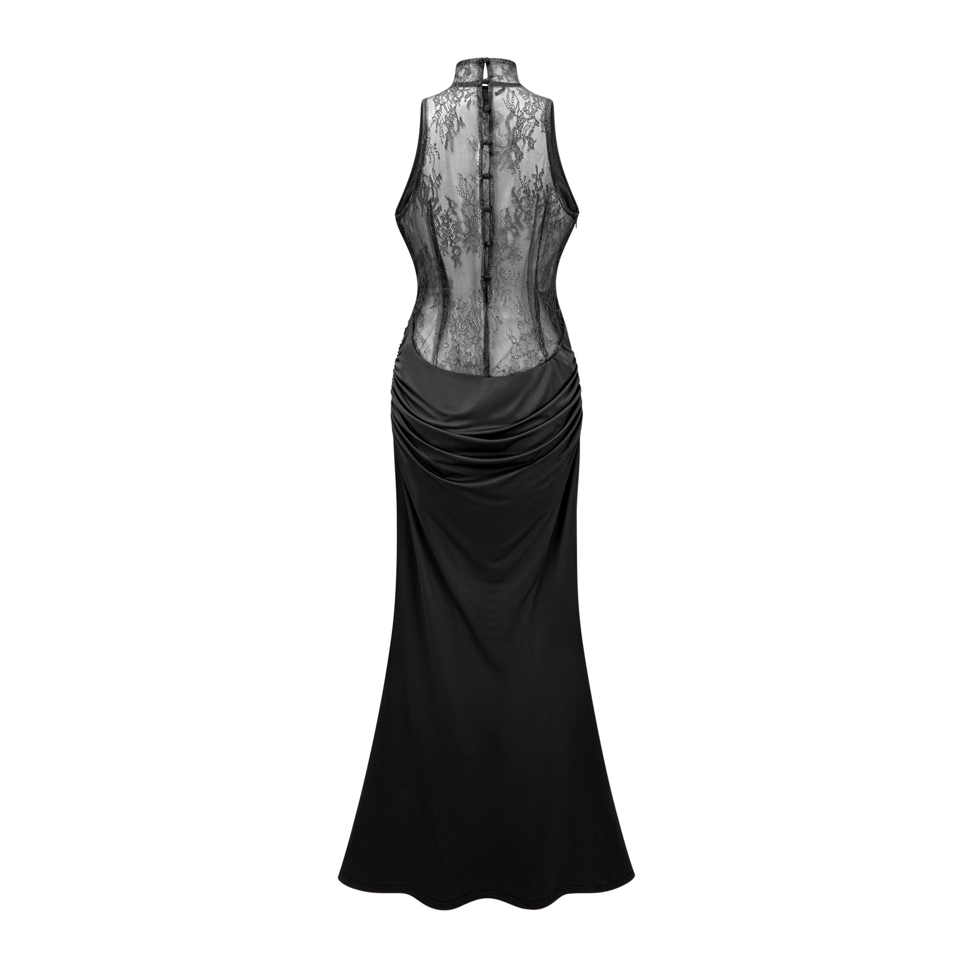 Borbála Black Lace Bodice Ruched Maxi Dress