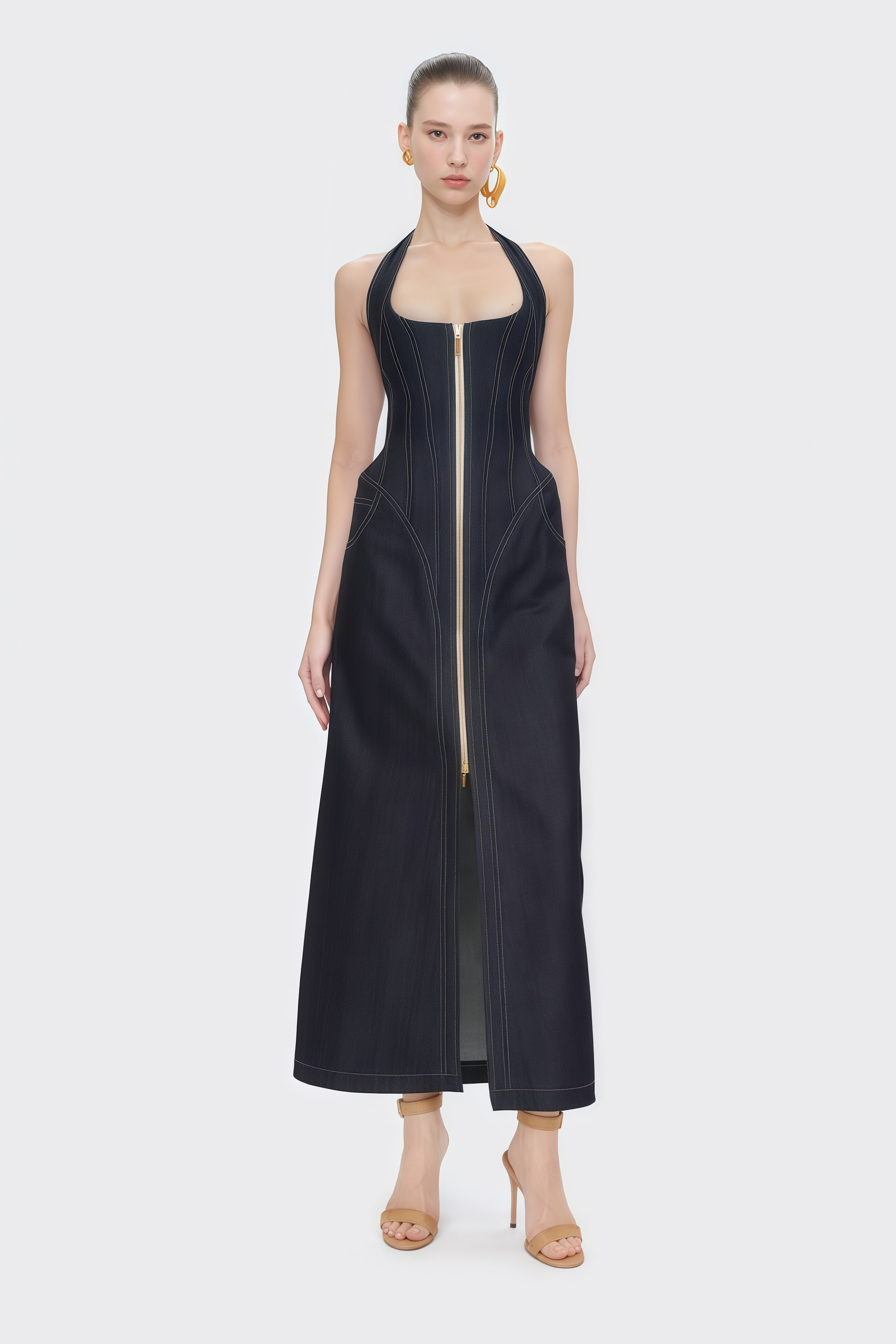 Adrienne black denim front-slit contrast-stitching maxi dress (Final Sale)