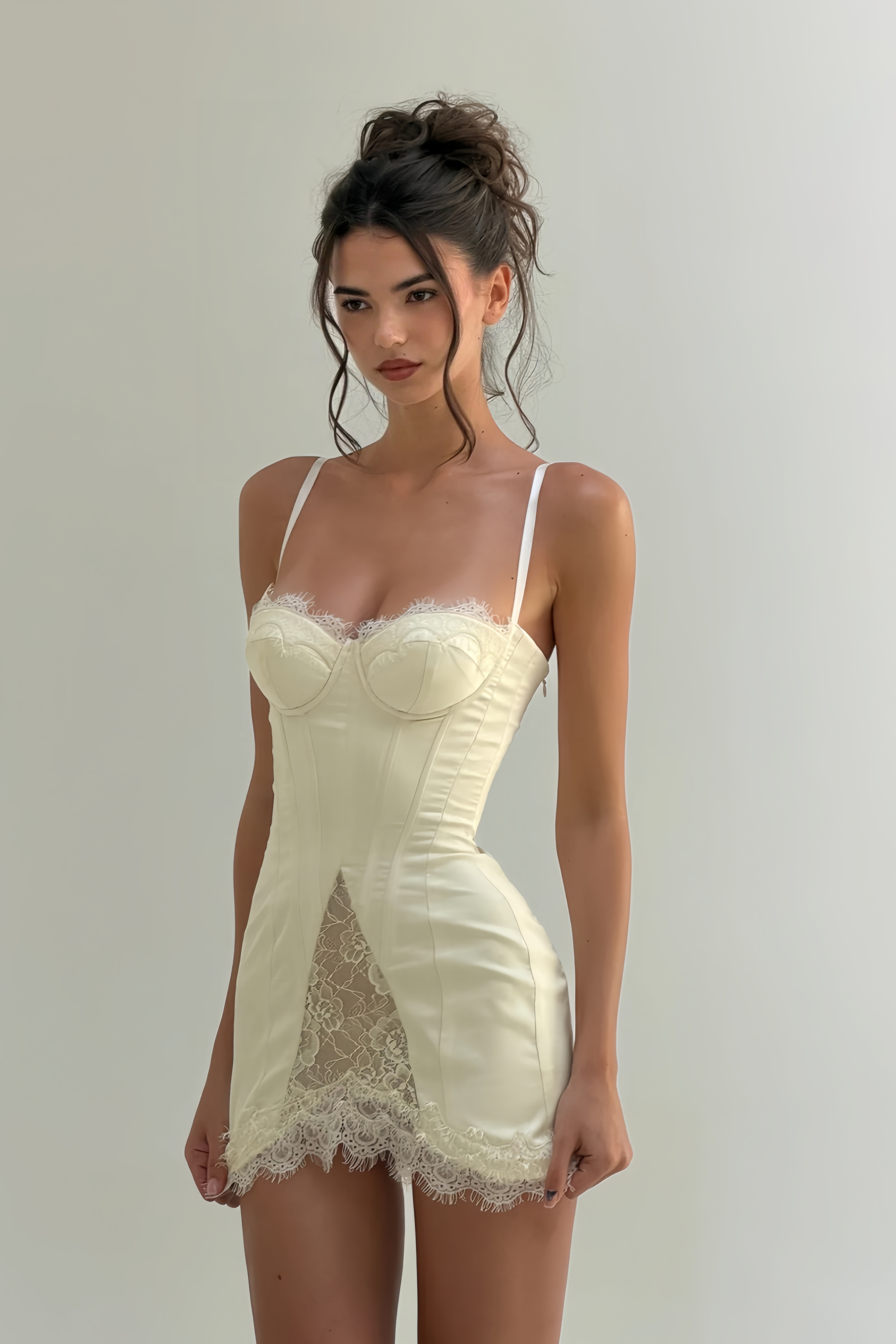 Juliette White Satin Mini Dress with Lace Panels