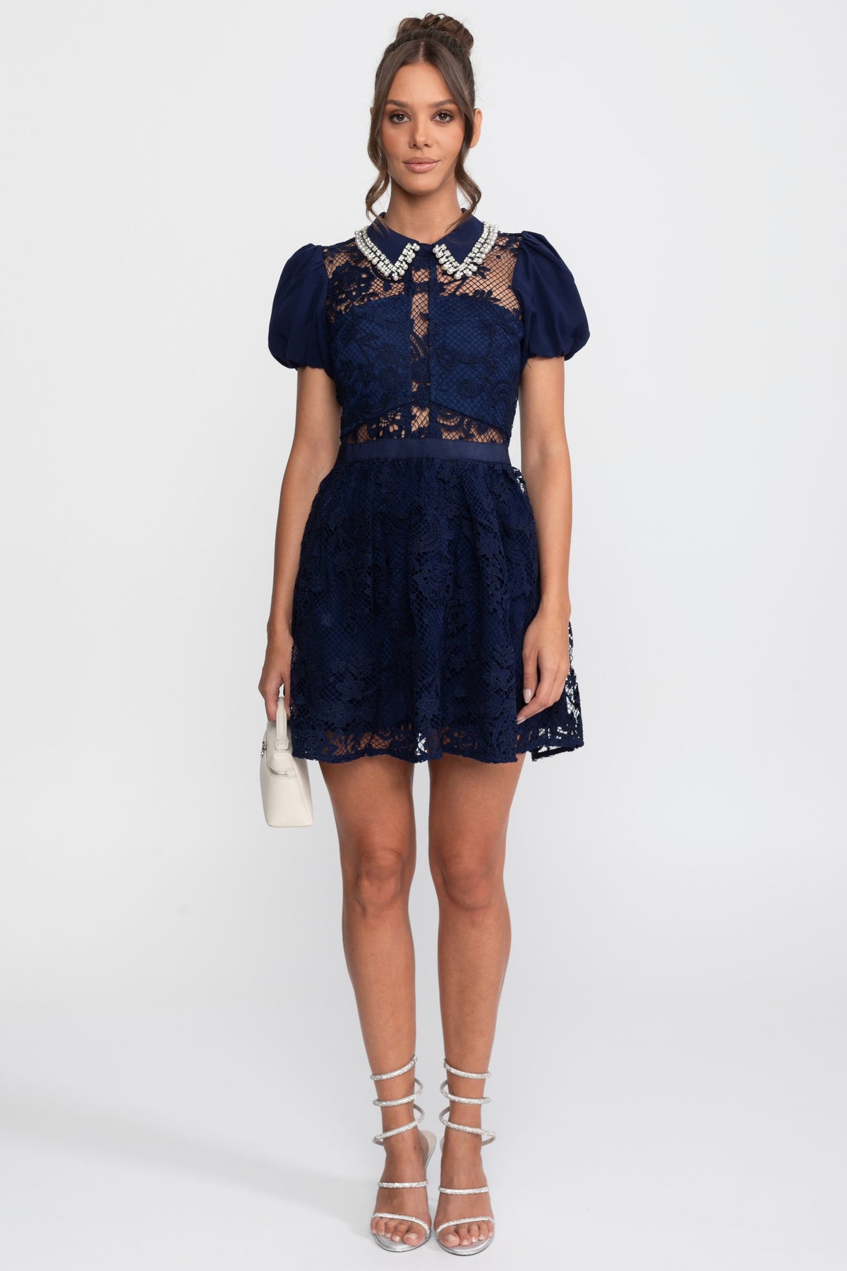 Puff Sleeves Lace Mini Dress With Pearl Collar - Navy