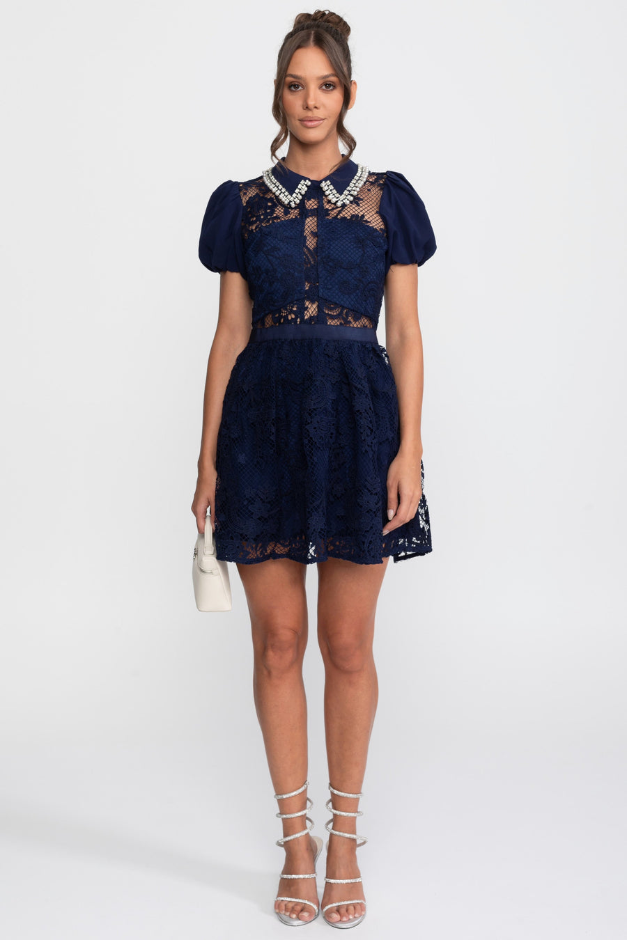Puff Sleeves Lace Mini Dress With Pearl Collar - Navy