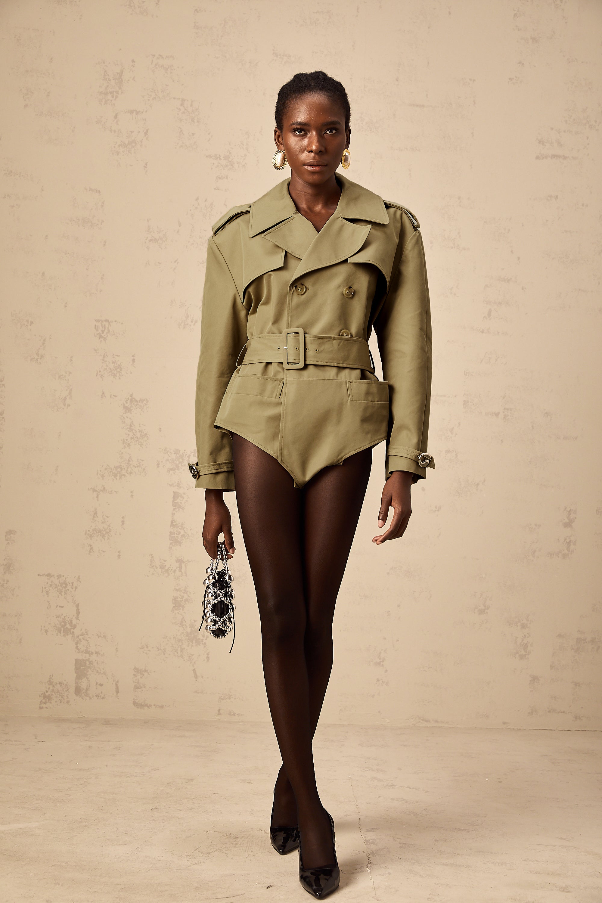 Chloe khaki double-breast belted bodysuit