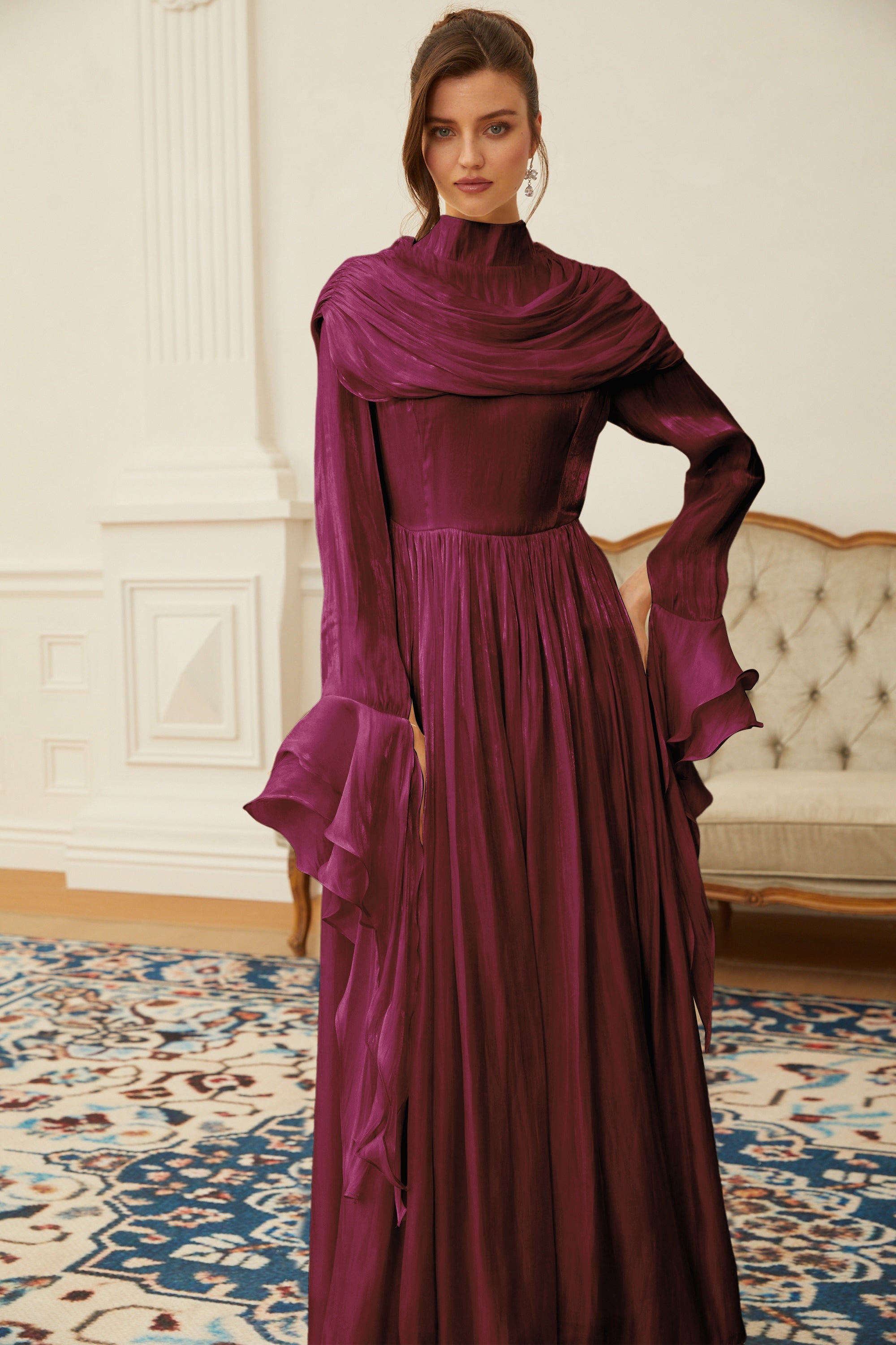 Danuta Burgundy Ruched Pleated Maxi Dress (Final Sale)
