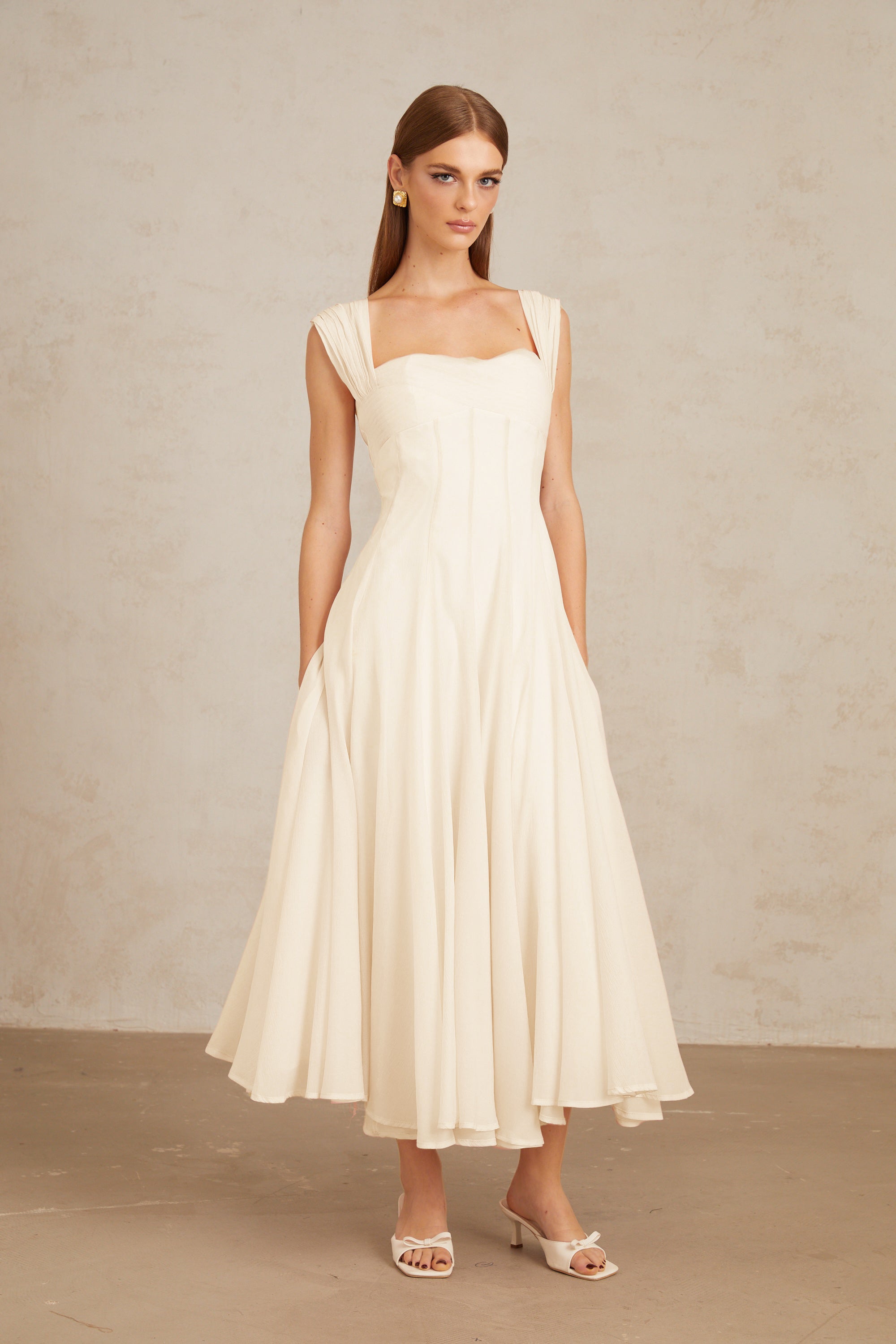 Érasme Cream White Flounced Midi dress