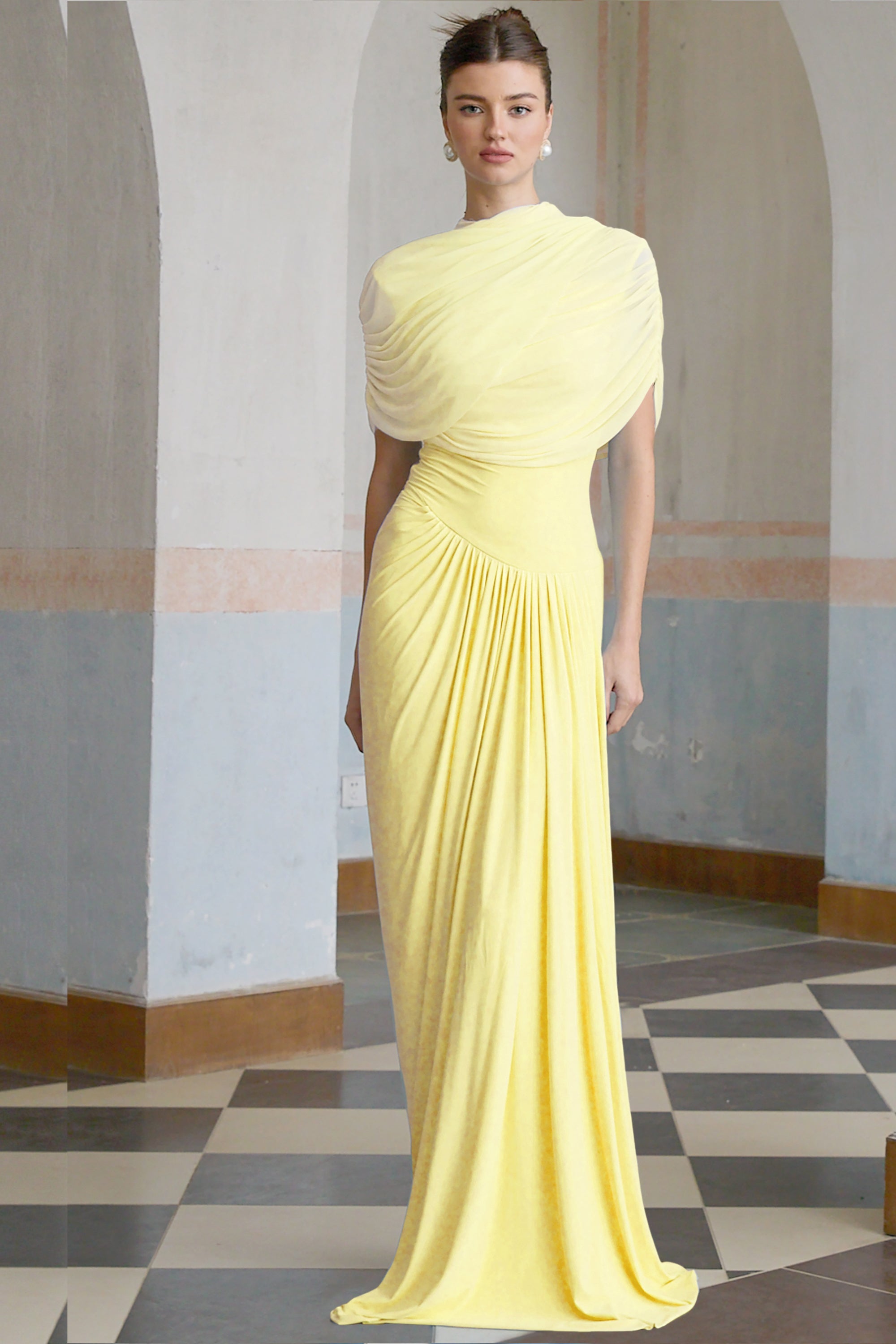Catherine asymmetrical pleated maxi dress in Yellow