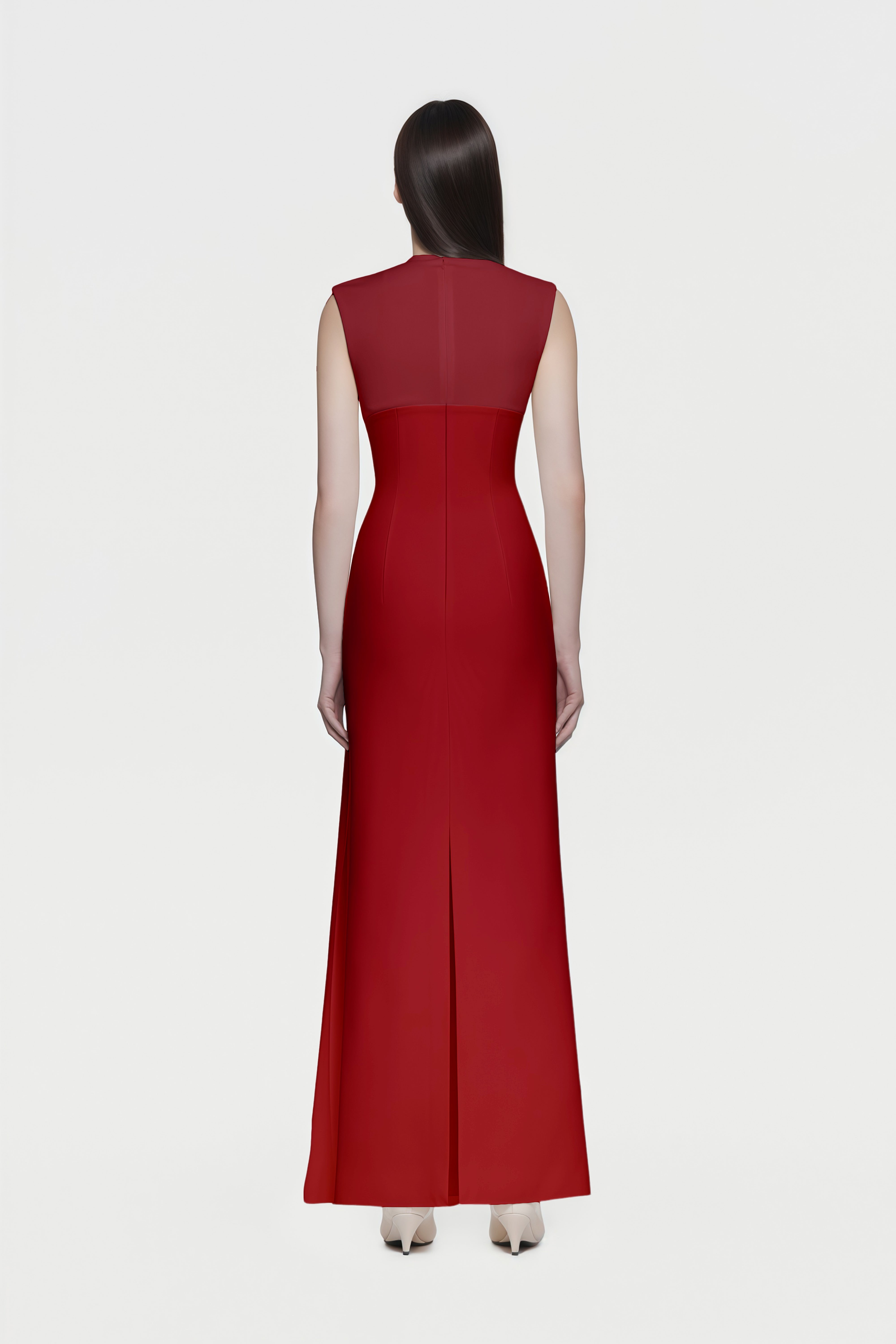 Arna Red Knit Panel Gathered Maxi Dress