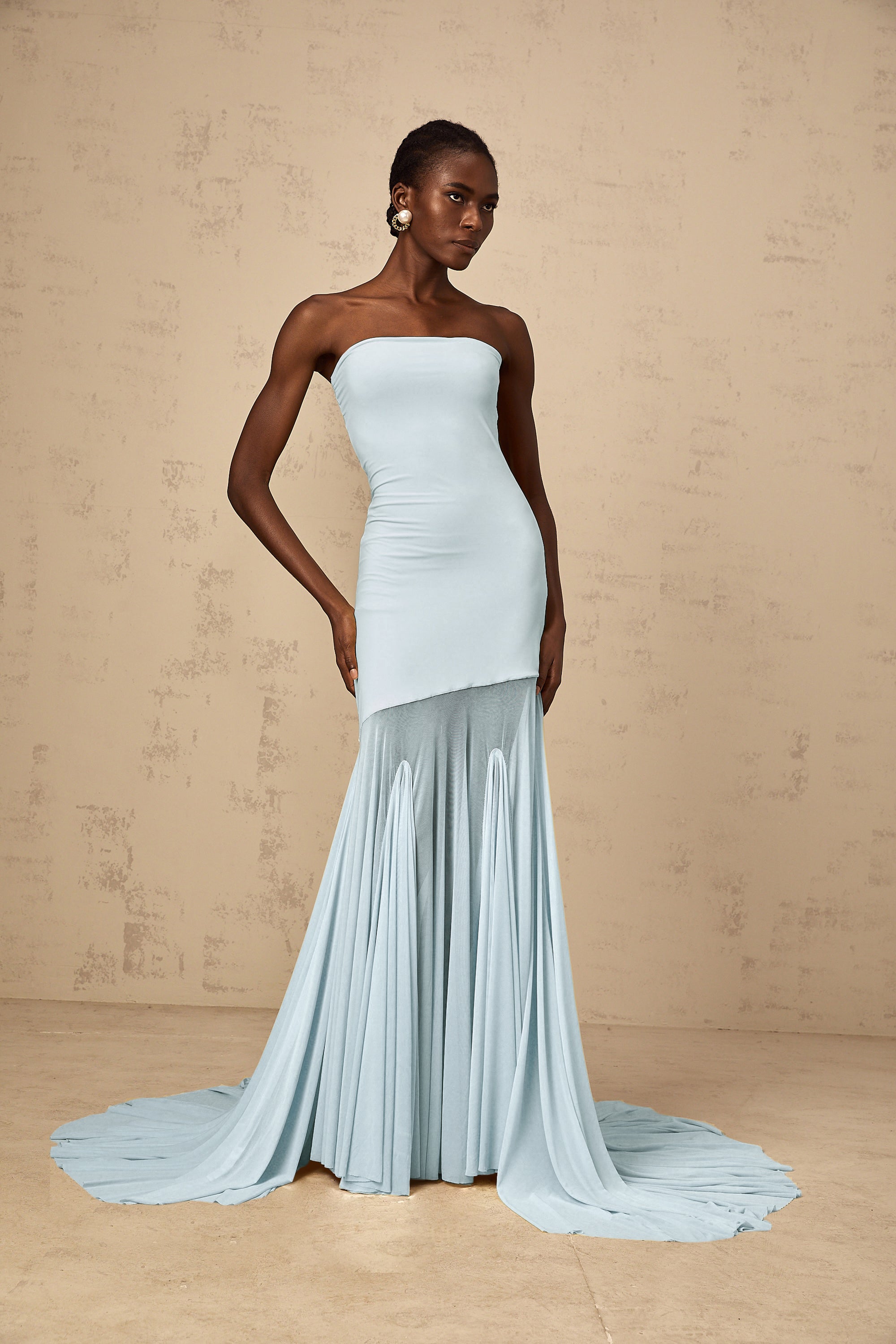 Josiane Blue Off-shoulder Sheer Tulle Maxi Dress