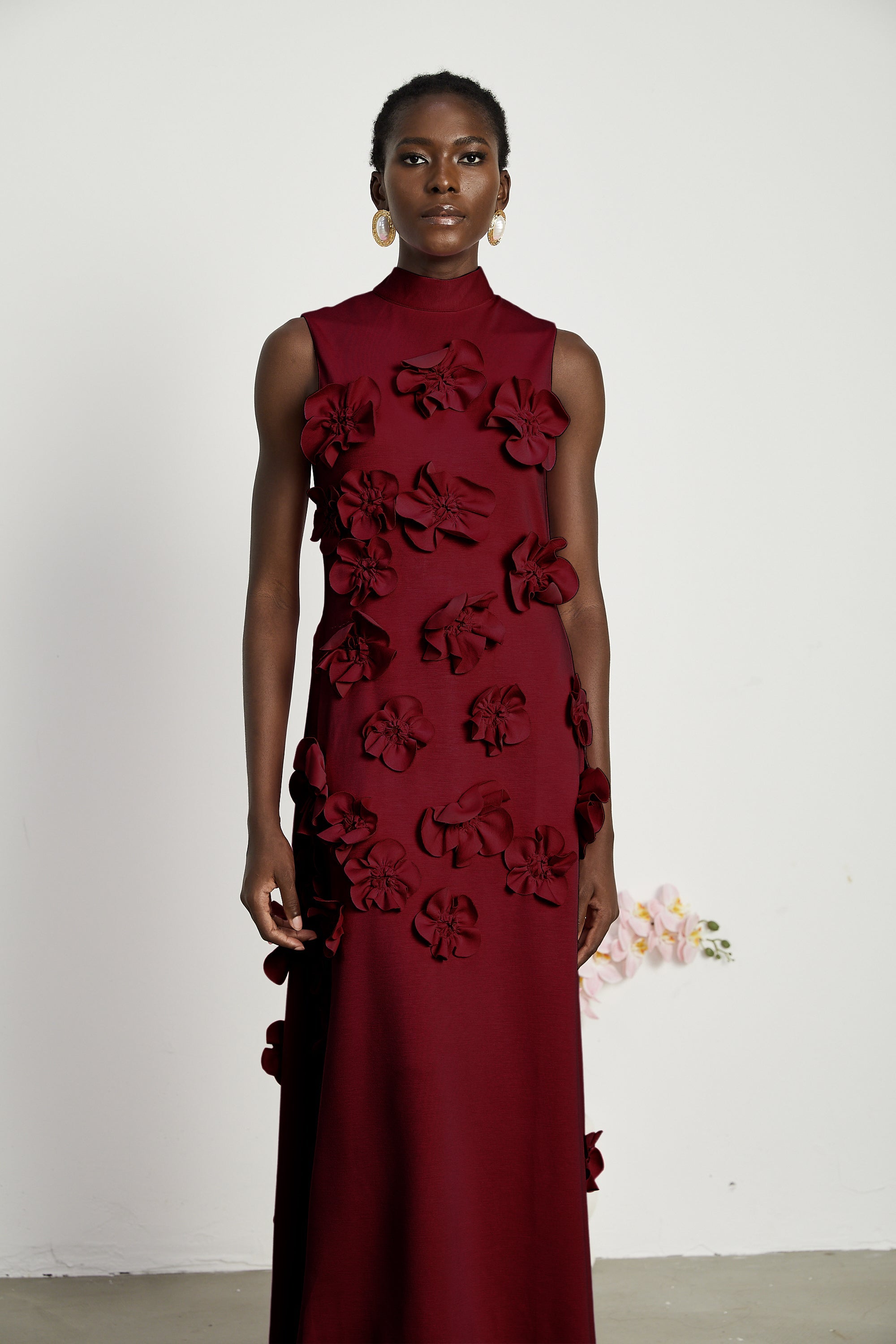 Magali Red Sleeveless Maxi Dress with Faux Flower & Bow-Tie Embellishment (Final Sale-US Only)