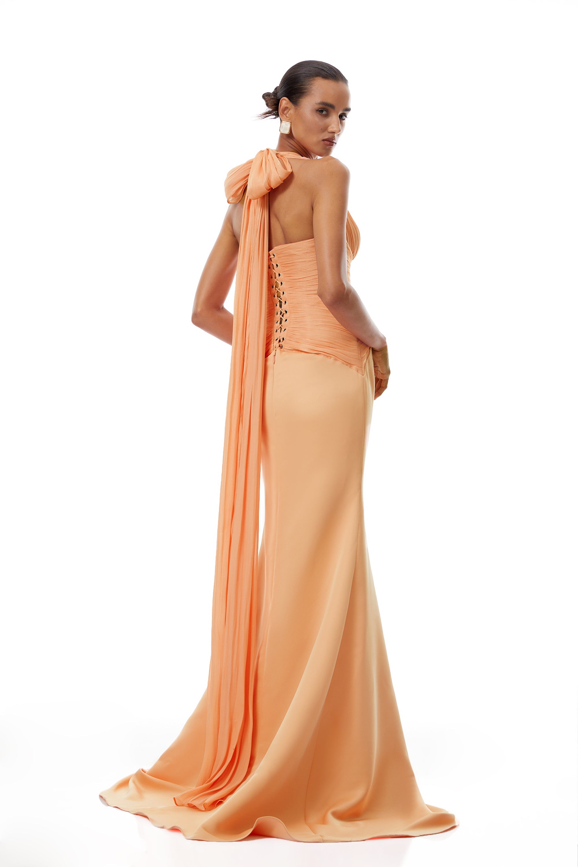 Emmeline Orange Train Design Gathered Maxi Dress
