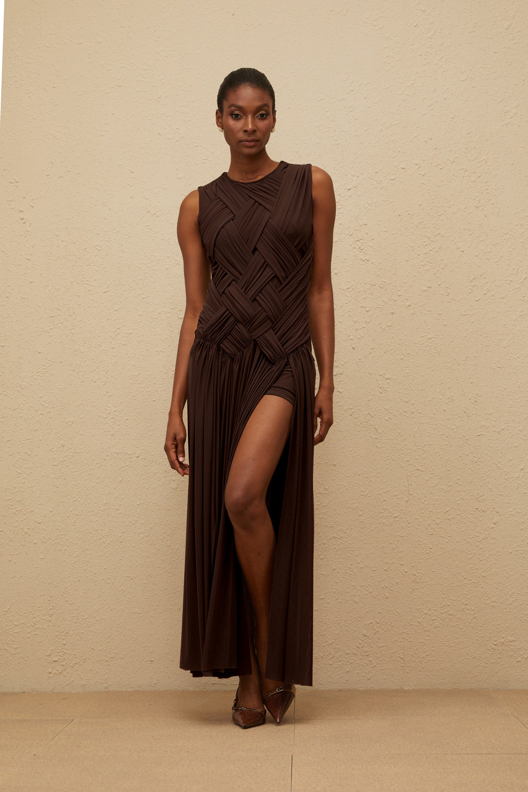 Daphné Brown Asymmetrical Braided Tulle Midi Dress