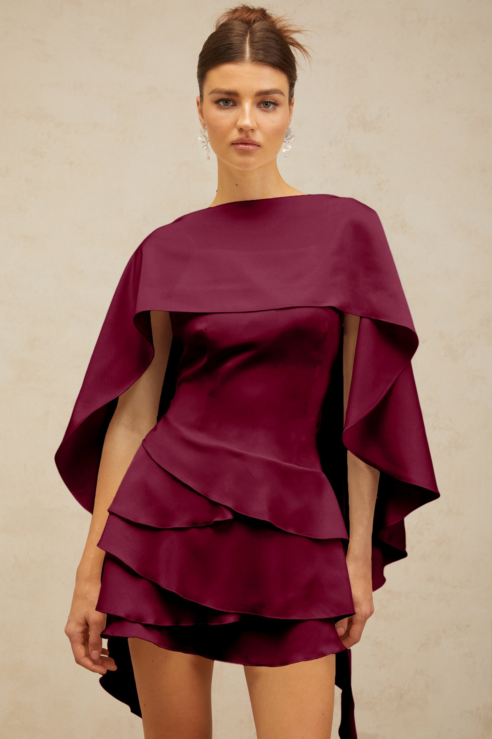 Lyna shawl-panel ruffled satin mini dress in Red (Final Sale)