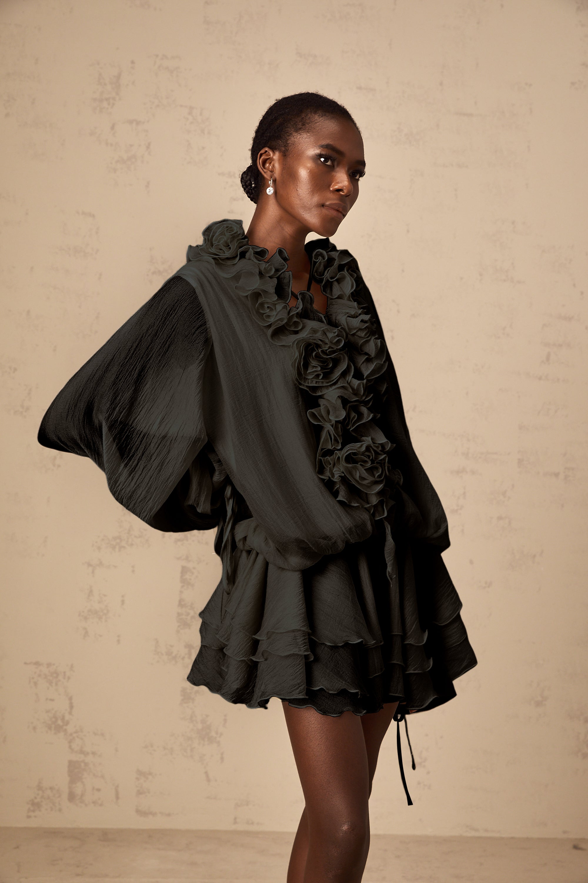 Zéphyrine floral-appliqué tiered mini dress in Black (Final Sale-US Only)