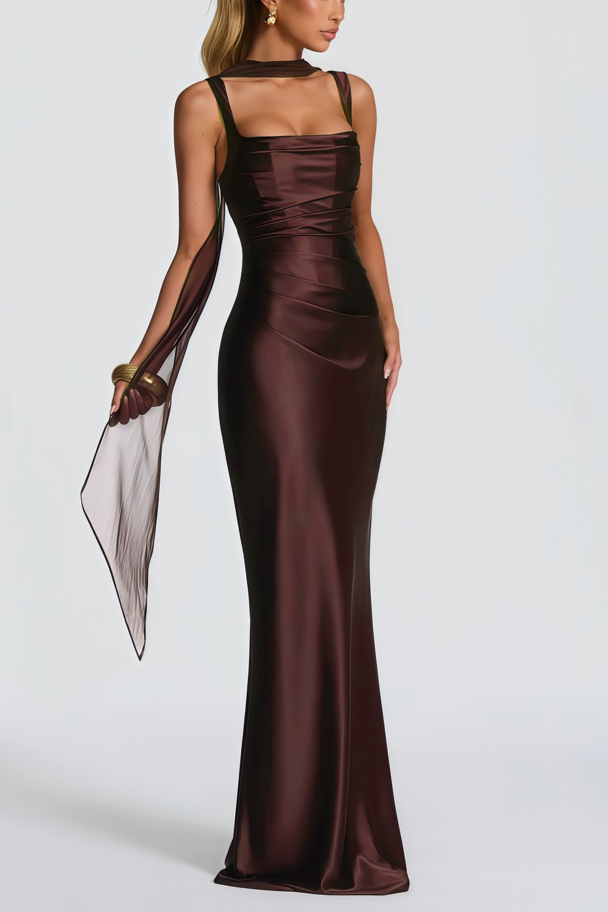 Inmaculada Brown Ruched Satin Maxi Dress