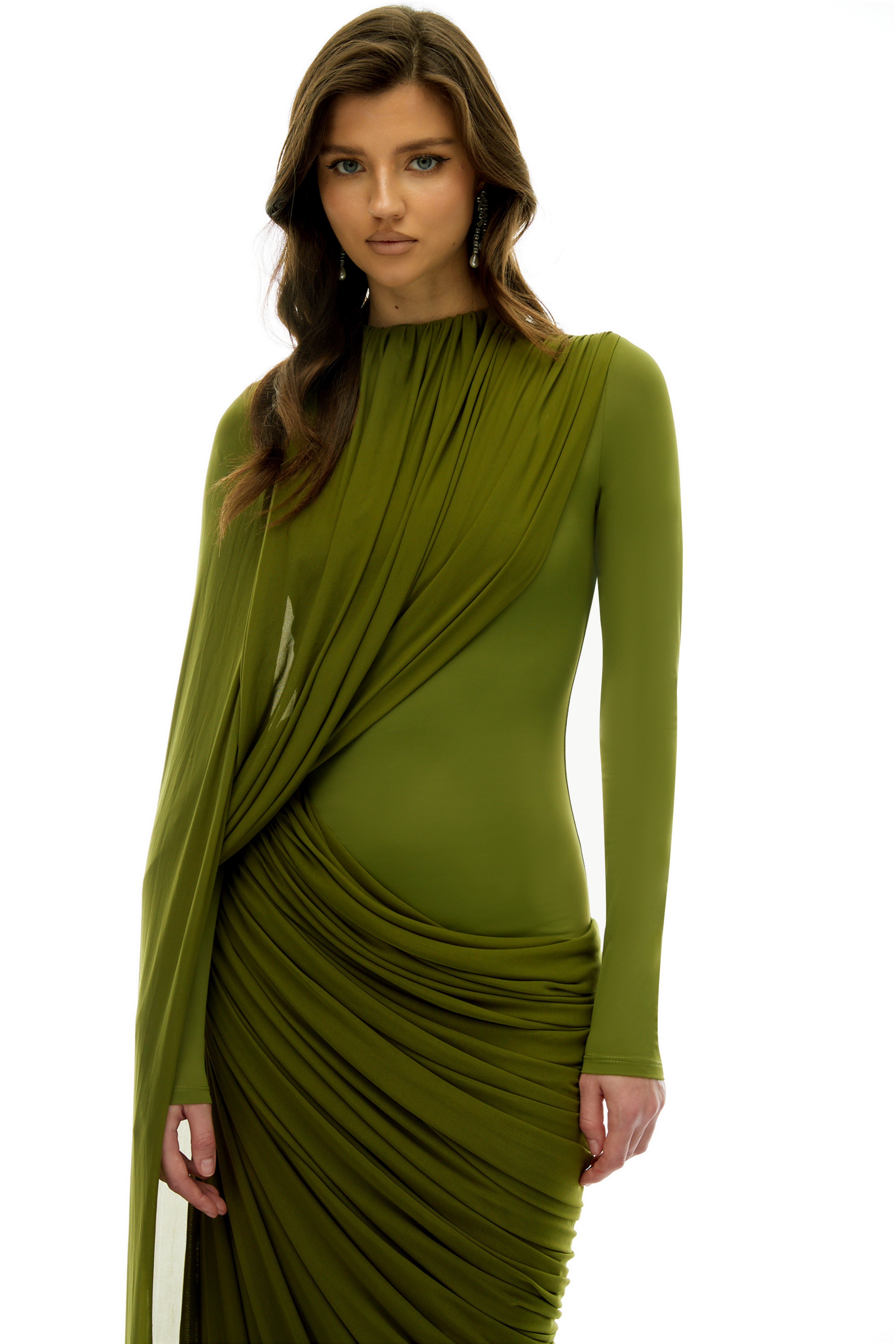 Emilia Green Asymmetrical Ribbon Draped Maxi Dress (Final Sale-US Only)
