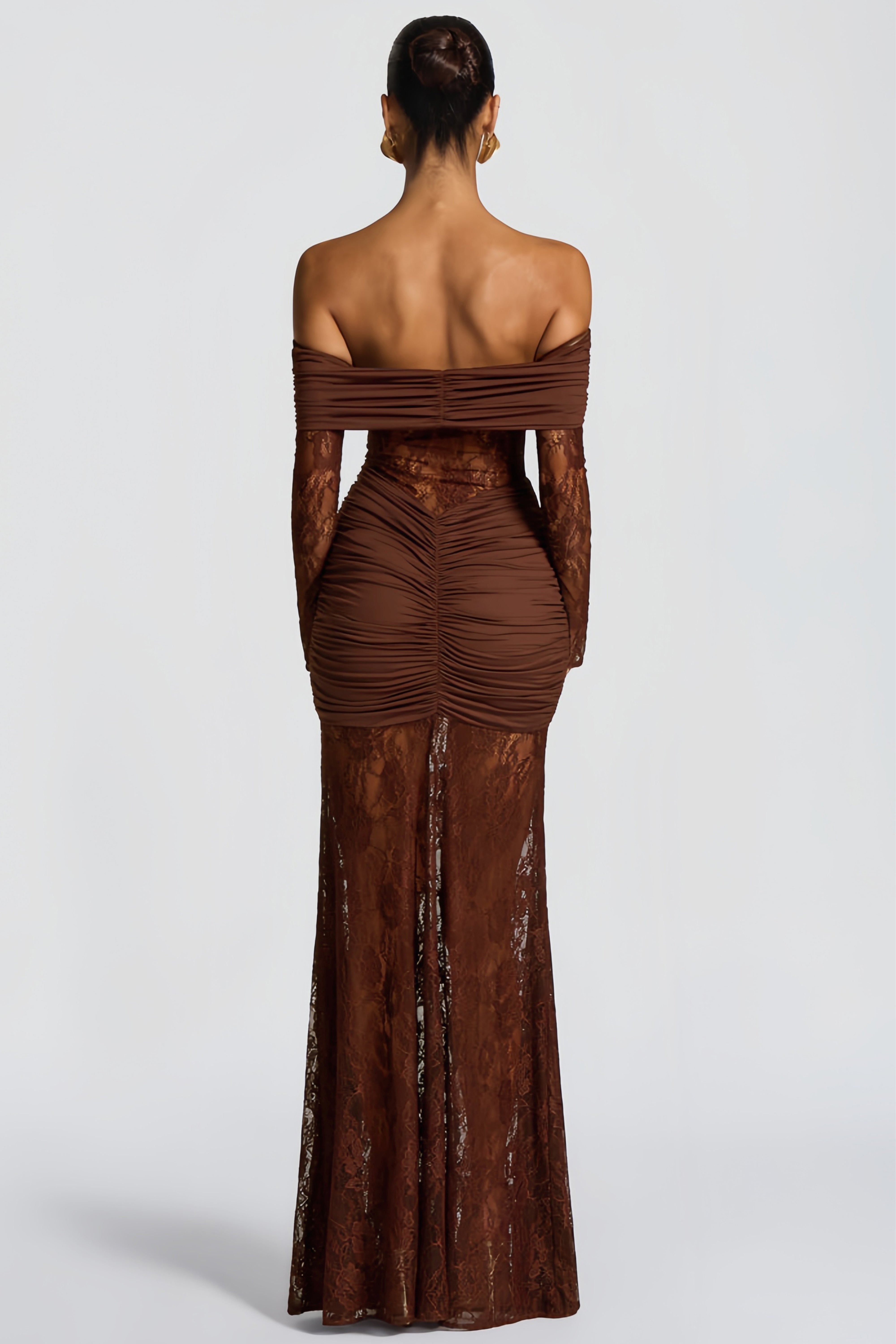 Brigitte Brown Lace Panel Ruched Maxi Dress (Final Sale)