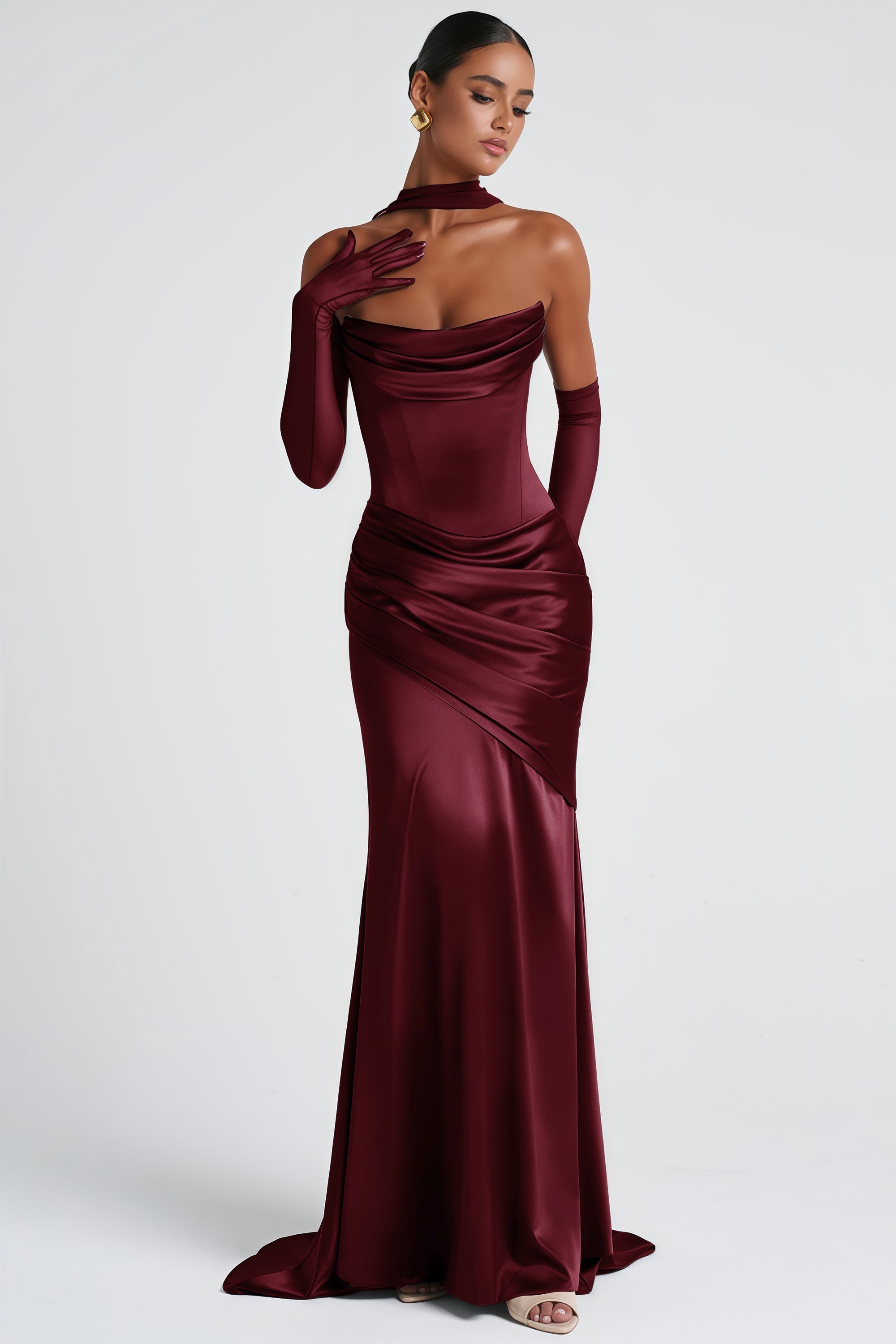 Marilou Burgundy Ruched Satin Maxi Dress (Final Sale-US Only)