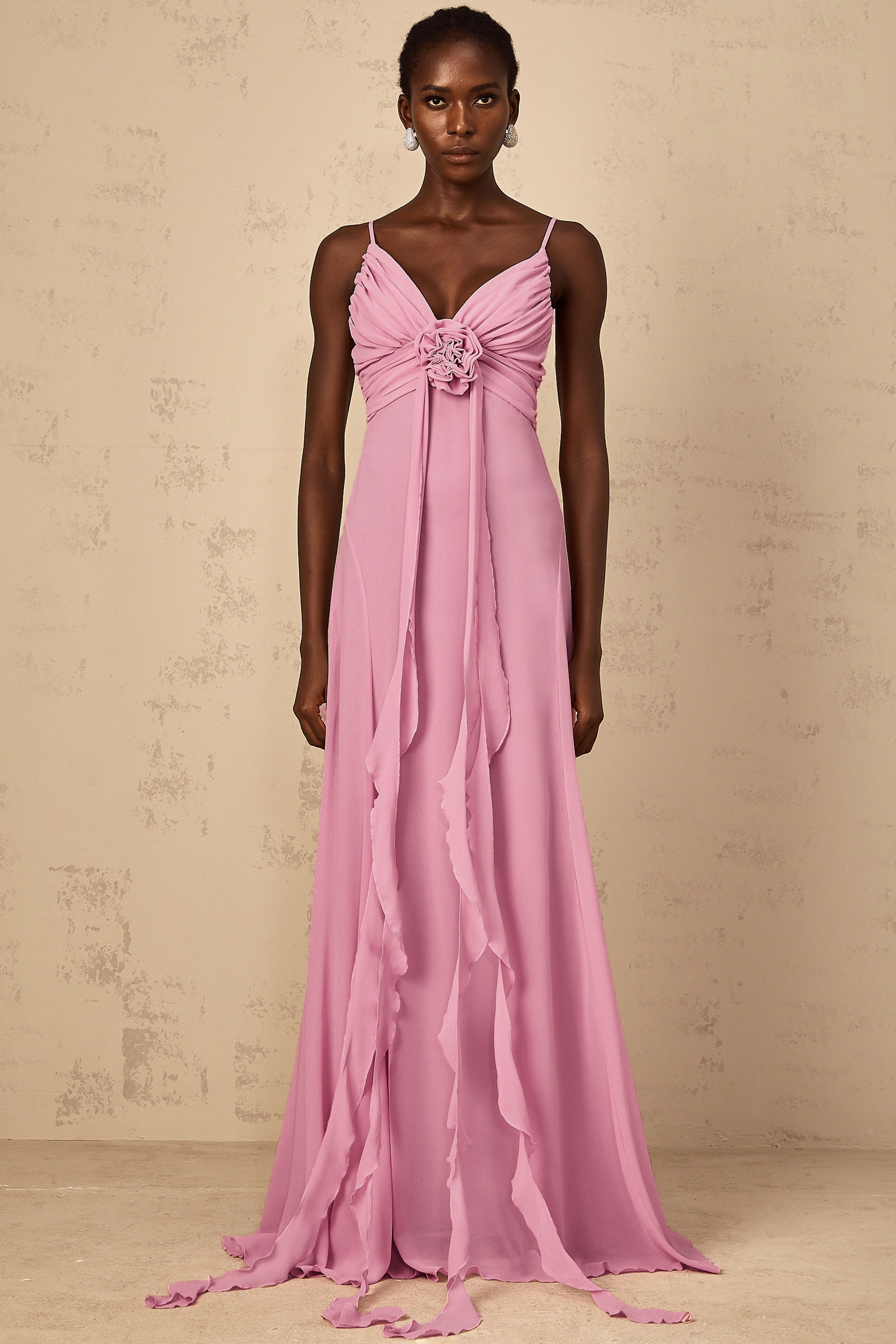 Ysandre Rose-Pink 3D Petal Tulle Maxi Dress