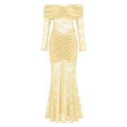 Brigitte Yellow Lace Panel Ruched Maxi Dress (Final Sale-US Only)