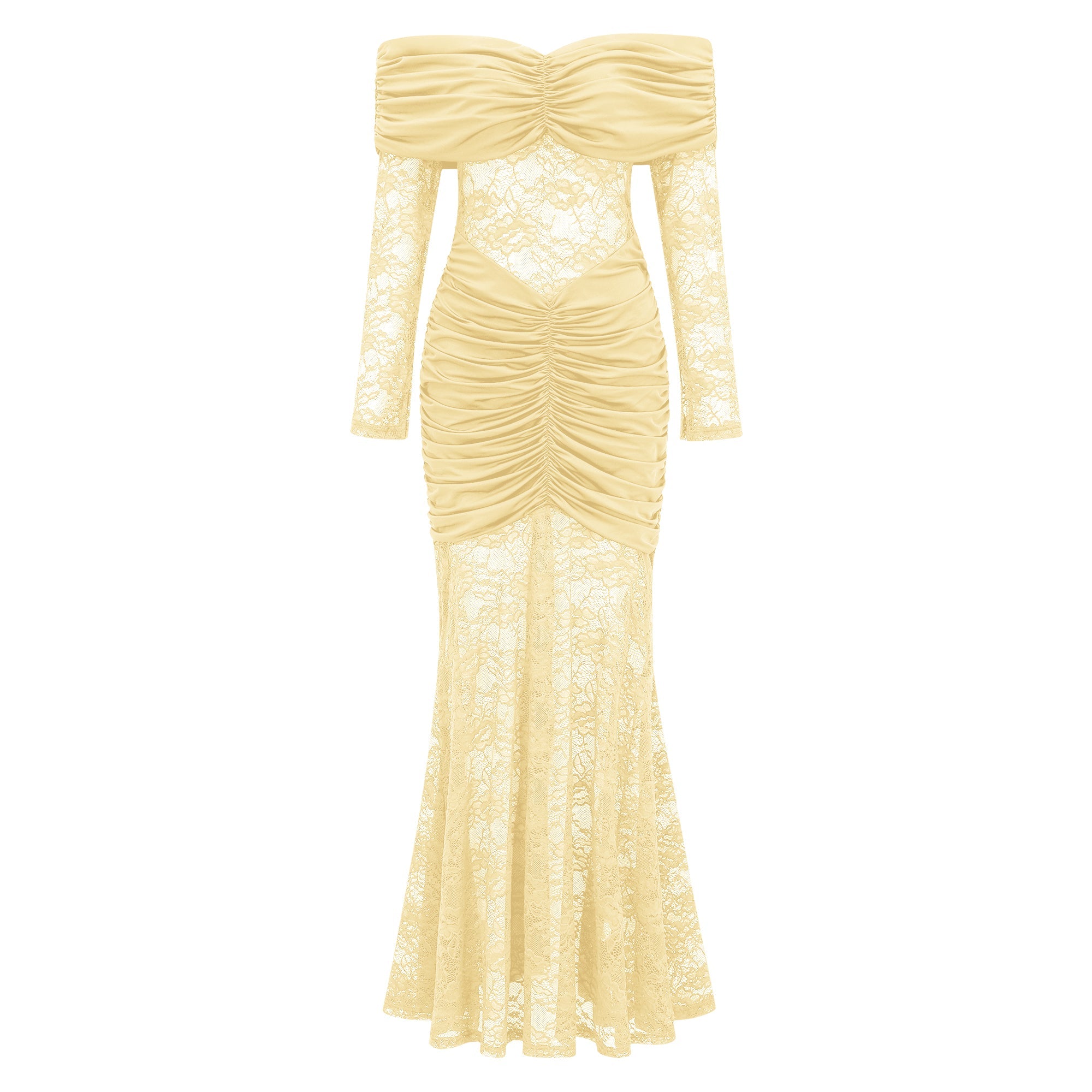 Brigitte Yellow Lace Panel Ruched Maxi Dress (Final Sale-US Only)