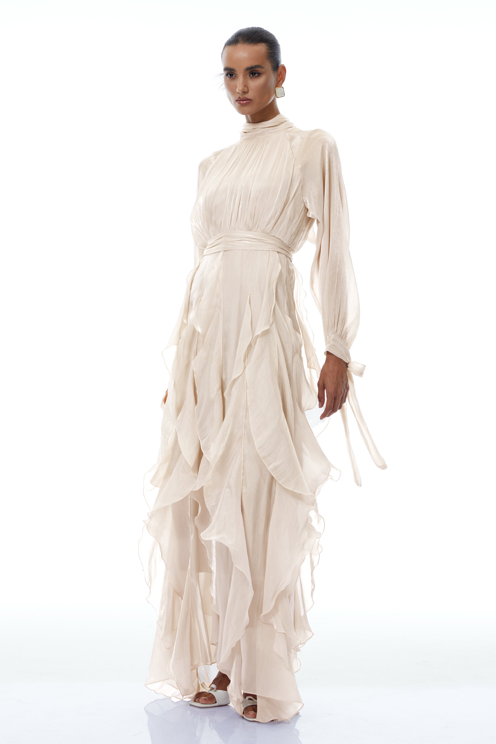 Zélie Neutral Glossy Pleated Ruffled Maxi dress (Final Sale-US Only)