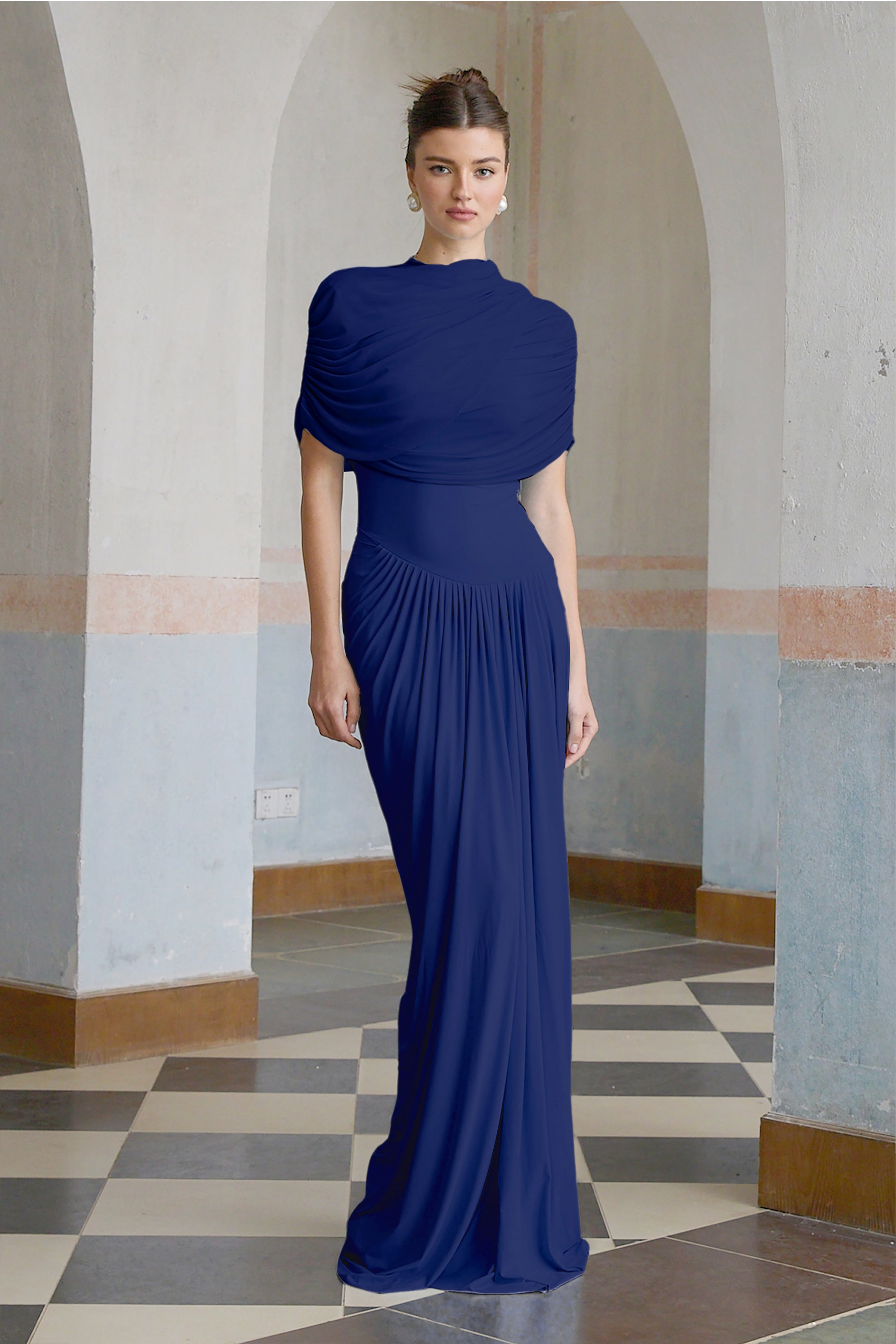 Catherine asymmetrical pleated maxi dress in Navy-blue