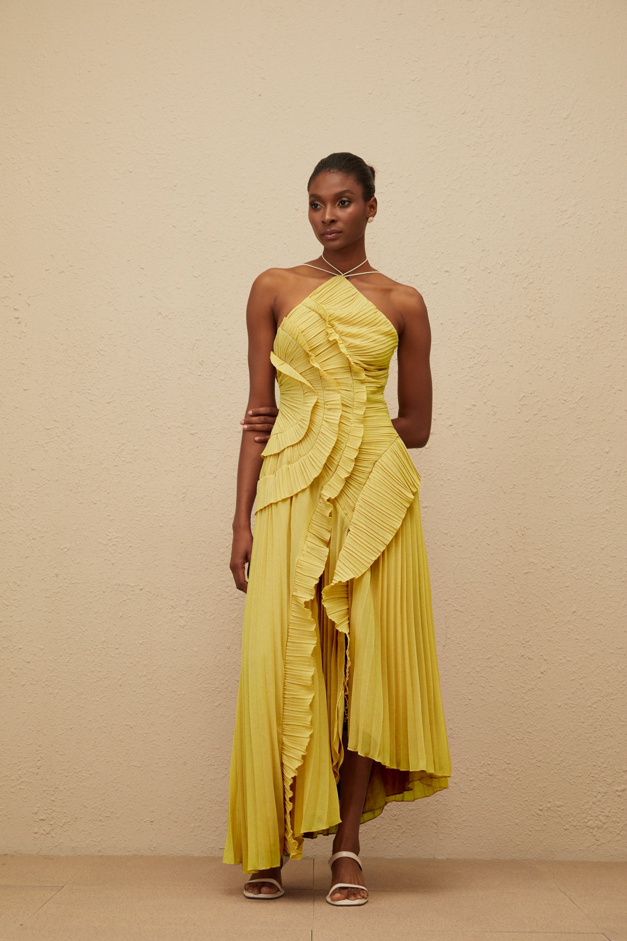 Doux Yellow Ruffled Trim Pleated Midi Dress (Final Sale-US Only)