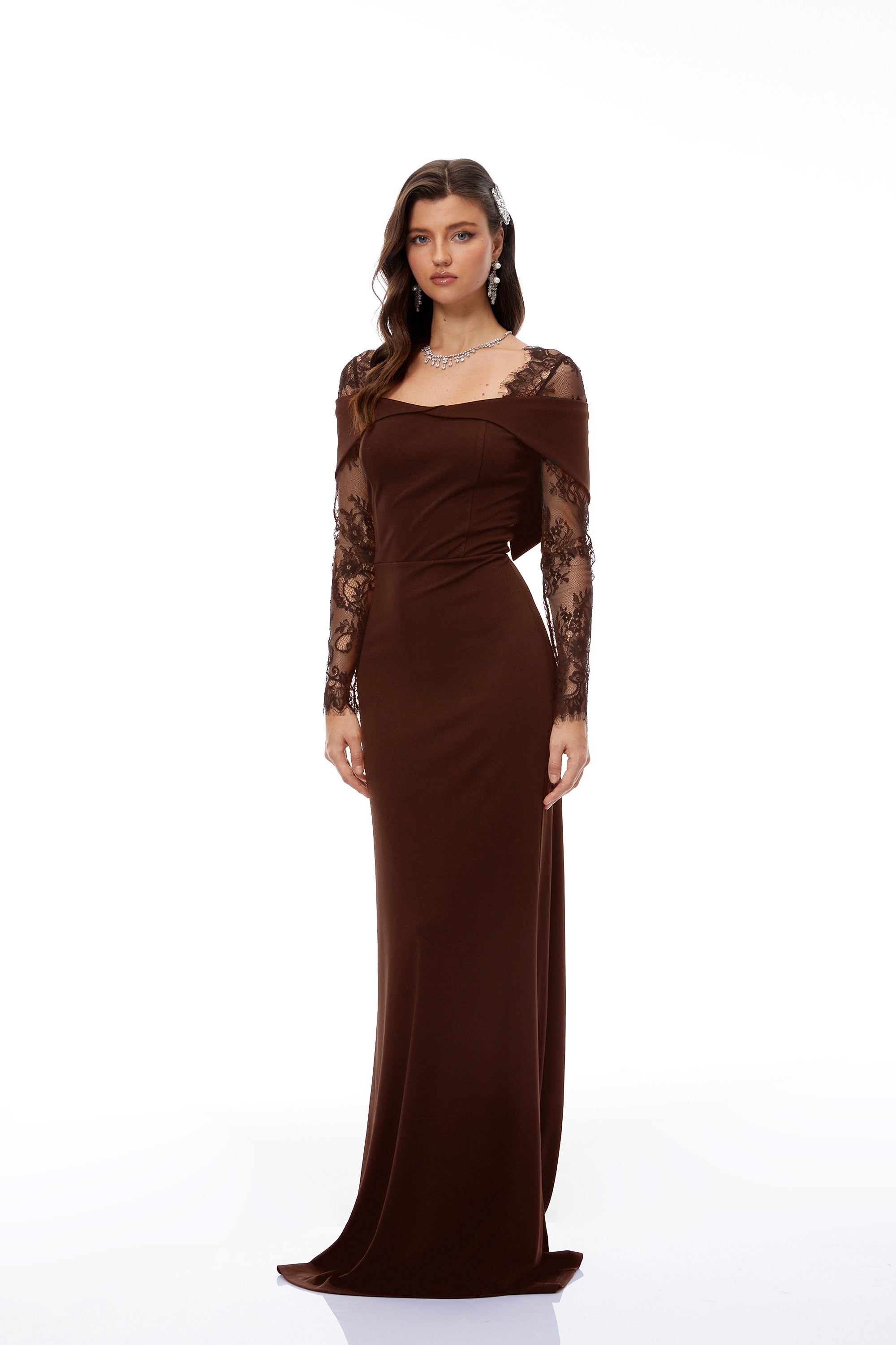 Georgiana Brown Lace Panel Flared Maxi Gown