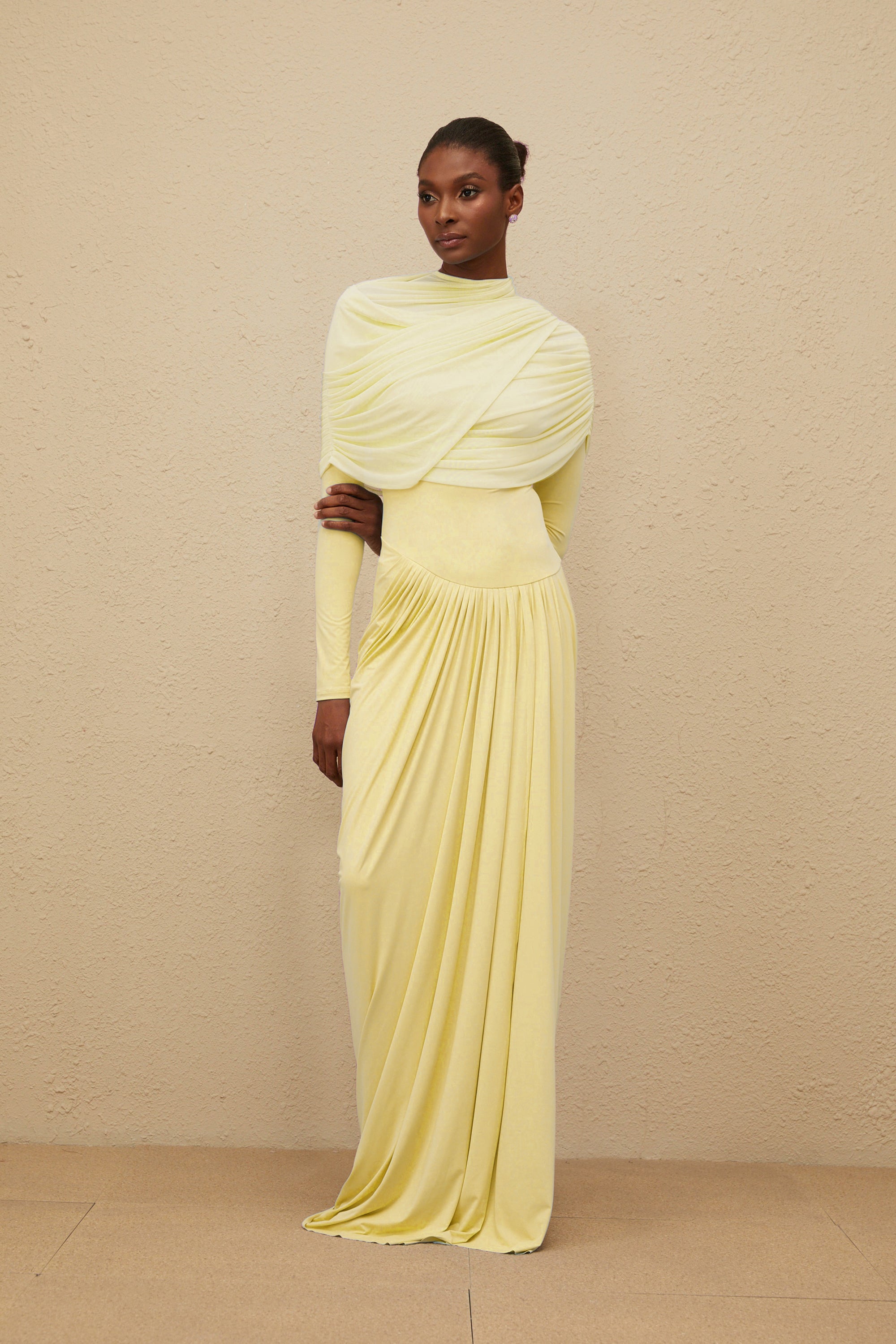 Catherine Yellow Asymmetrical Pleated Long-Sleeve Maxi Dress