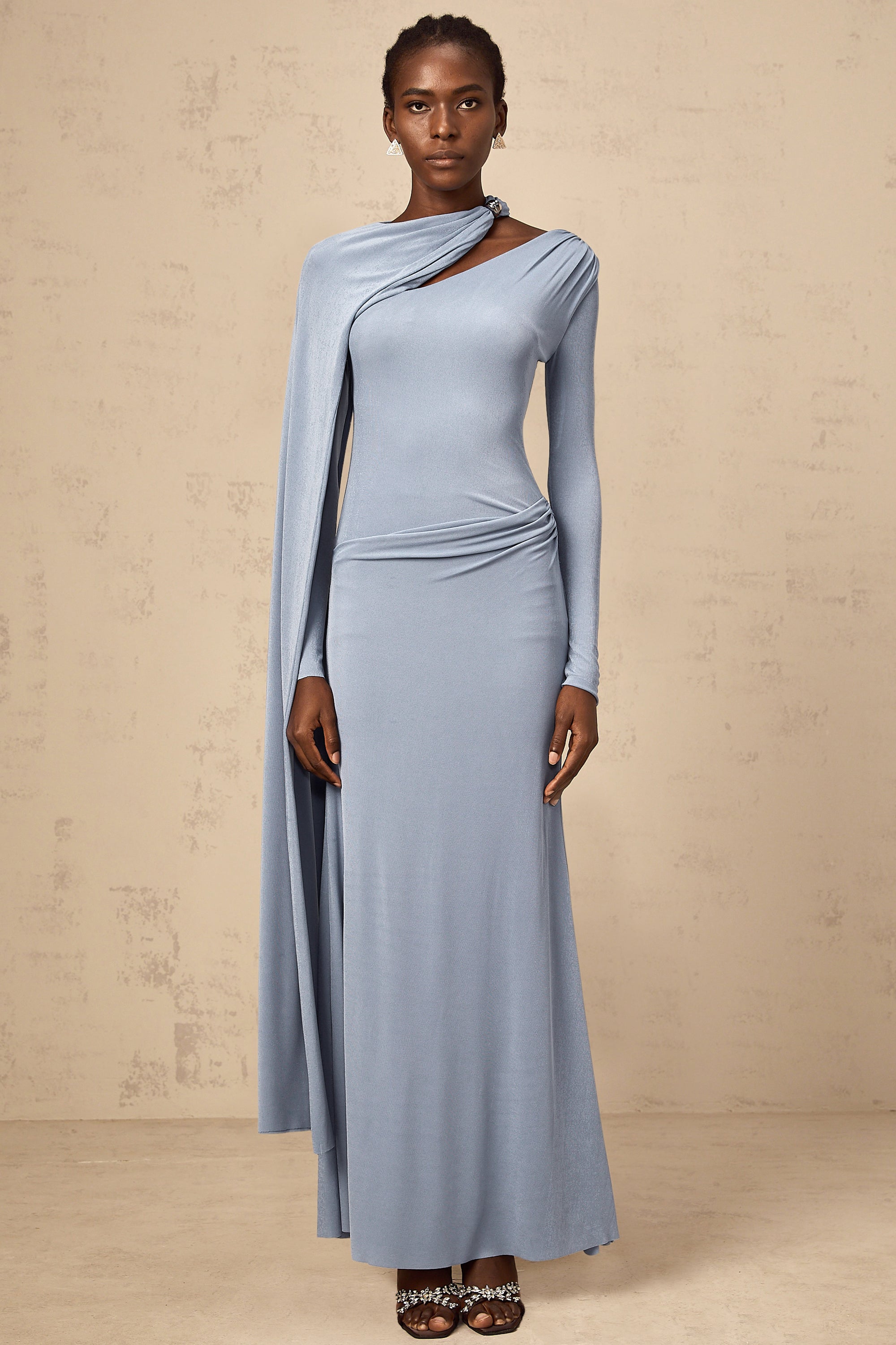 Josette Blue Diagonal Shawl Fitted Maxi Dress (Final Sale-US Only)
