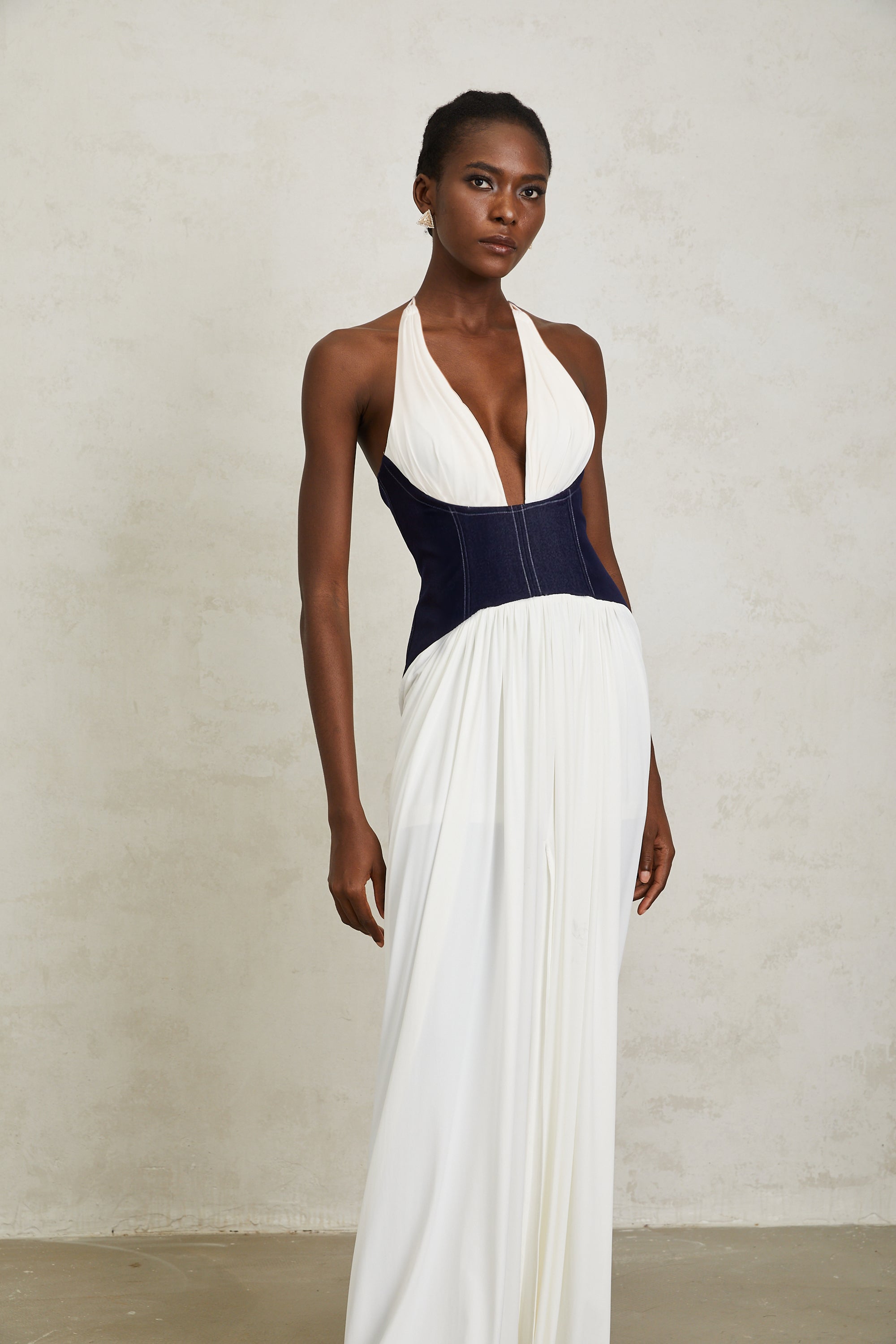 Airi White Halterneck Denim Panel Maxi Dress