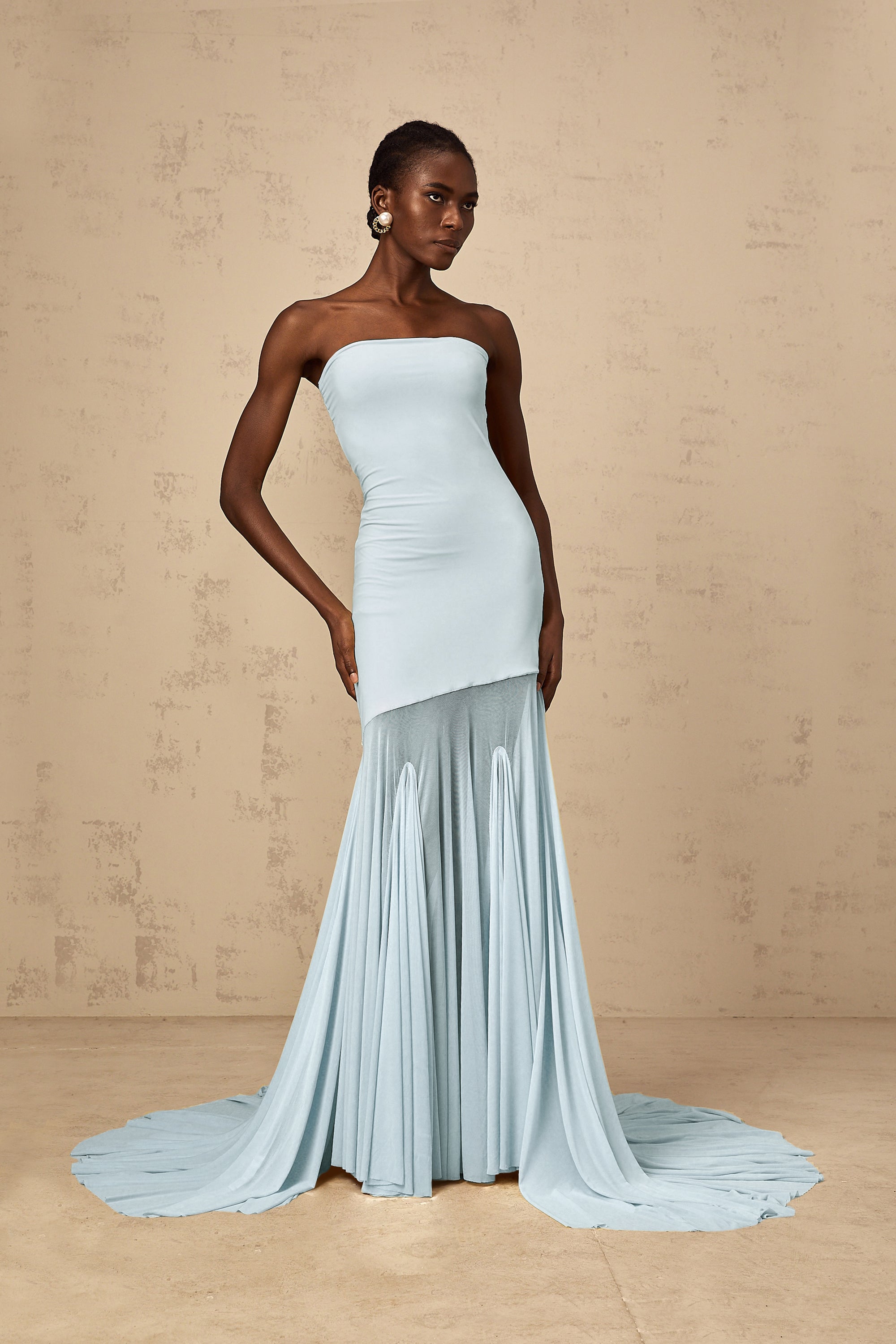 Josiane Blue Off-shoulder Sheer Tulle Maxi Dress