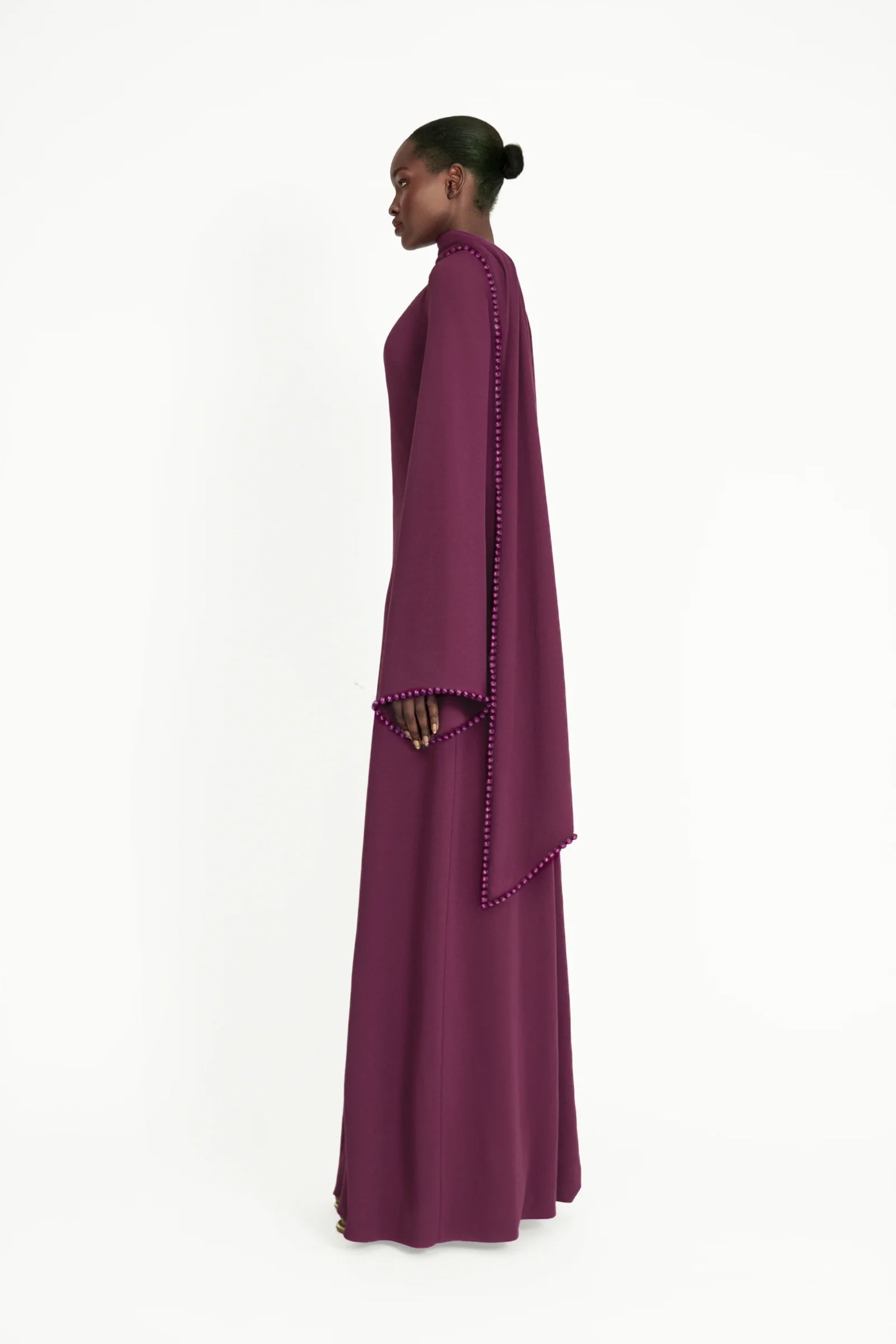 Piroska Purple Pearl Trim Shawl Detail Maxi Dress (Final Sale)