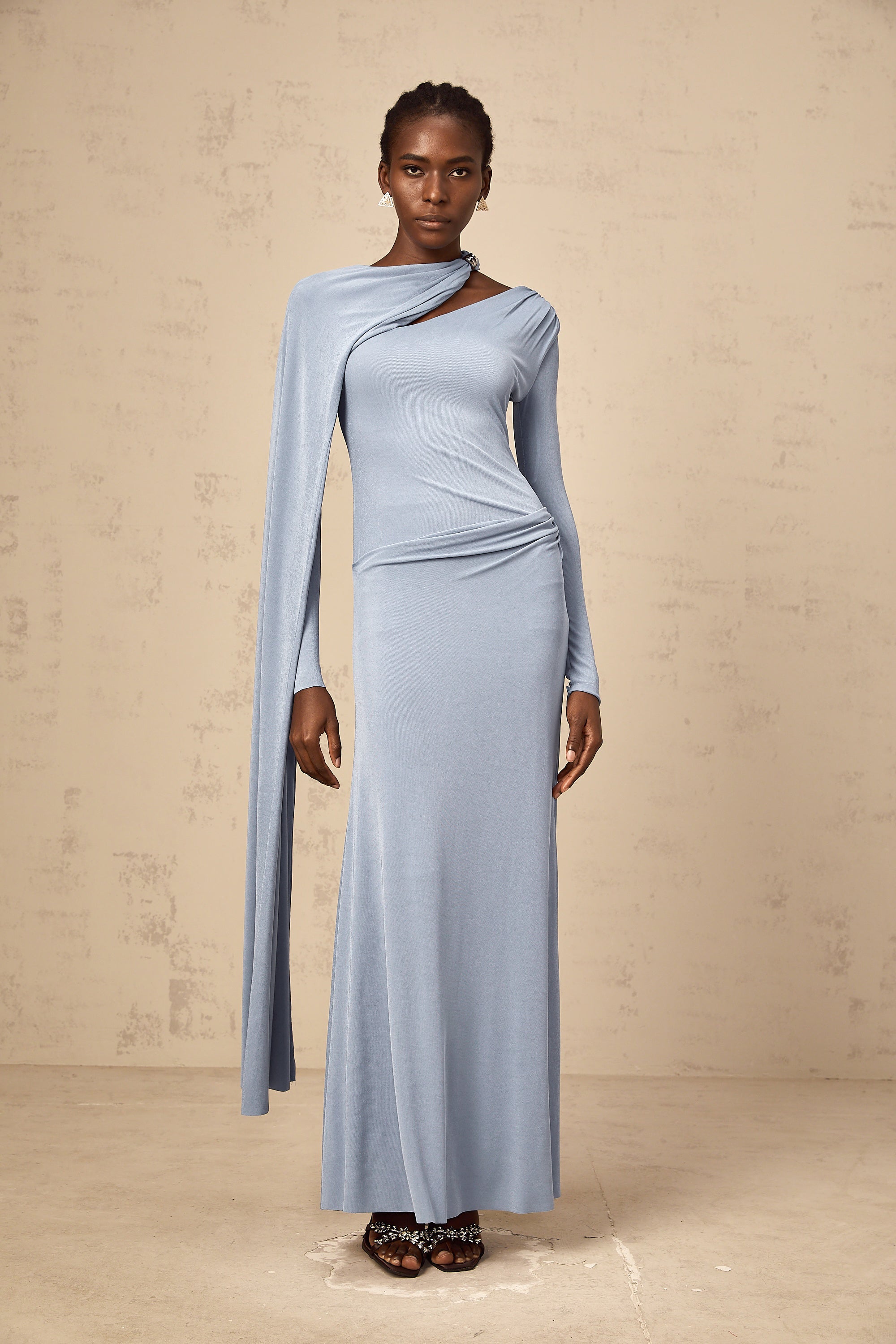 Josette Blue Diagonal Shawl Fitted Maxi Dress (Final Sale-US Only)