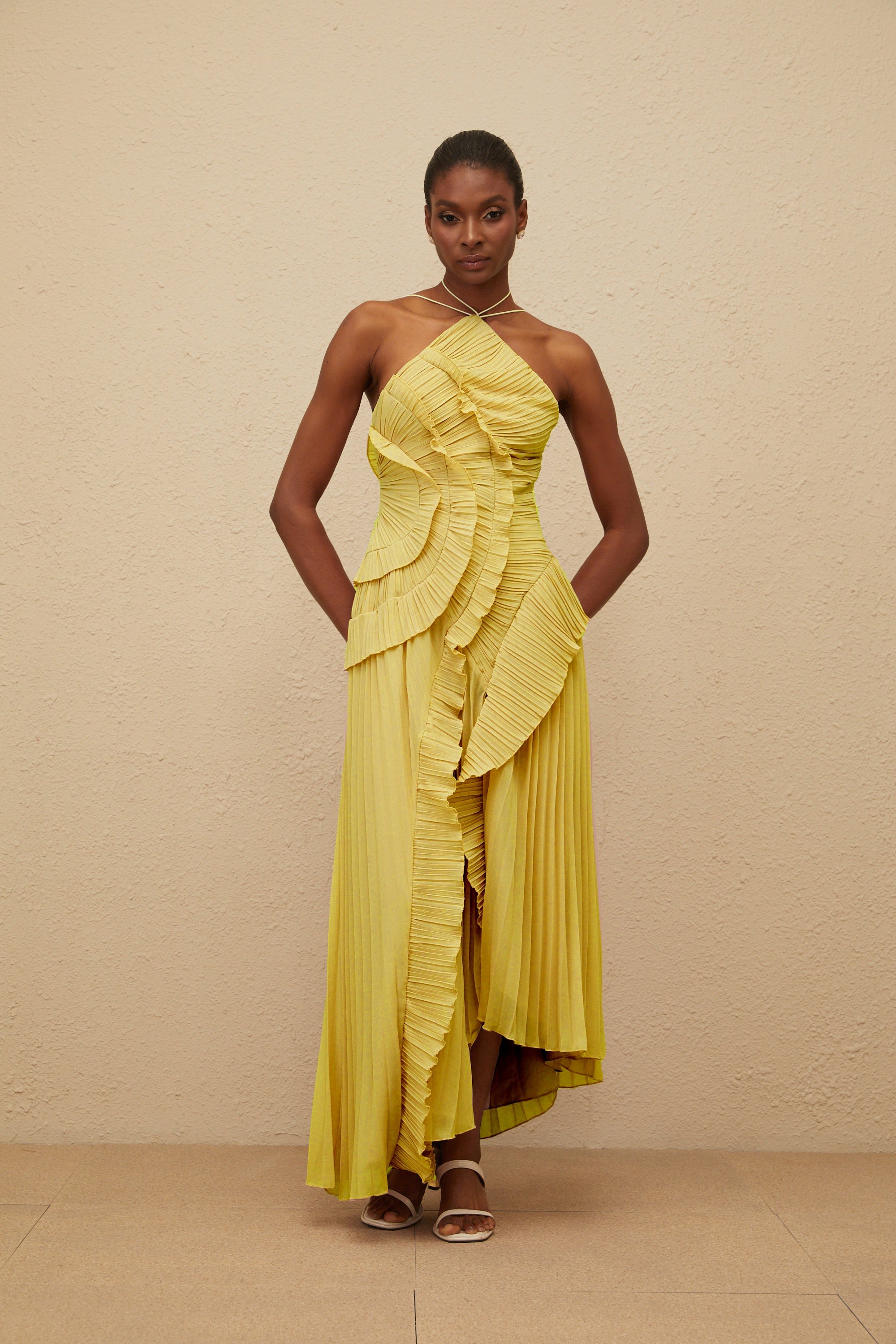 Doux Yellow Ruffled Trim Pleated Midi Dress (Final Sale-US Only)