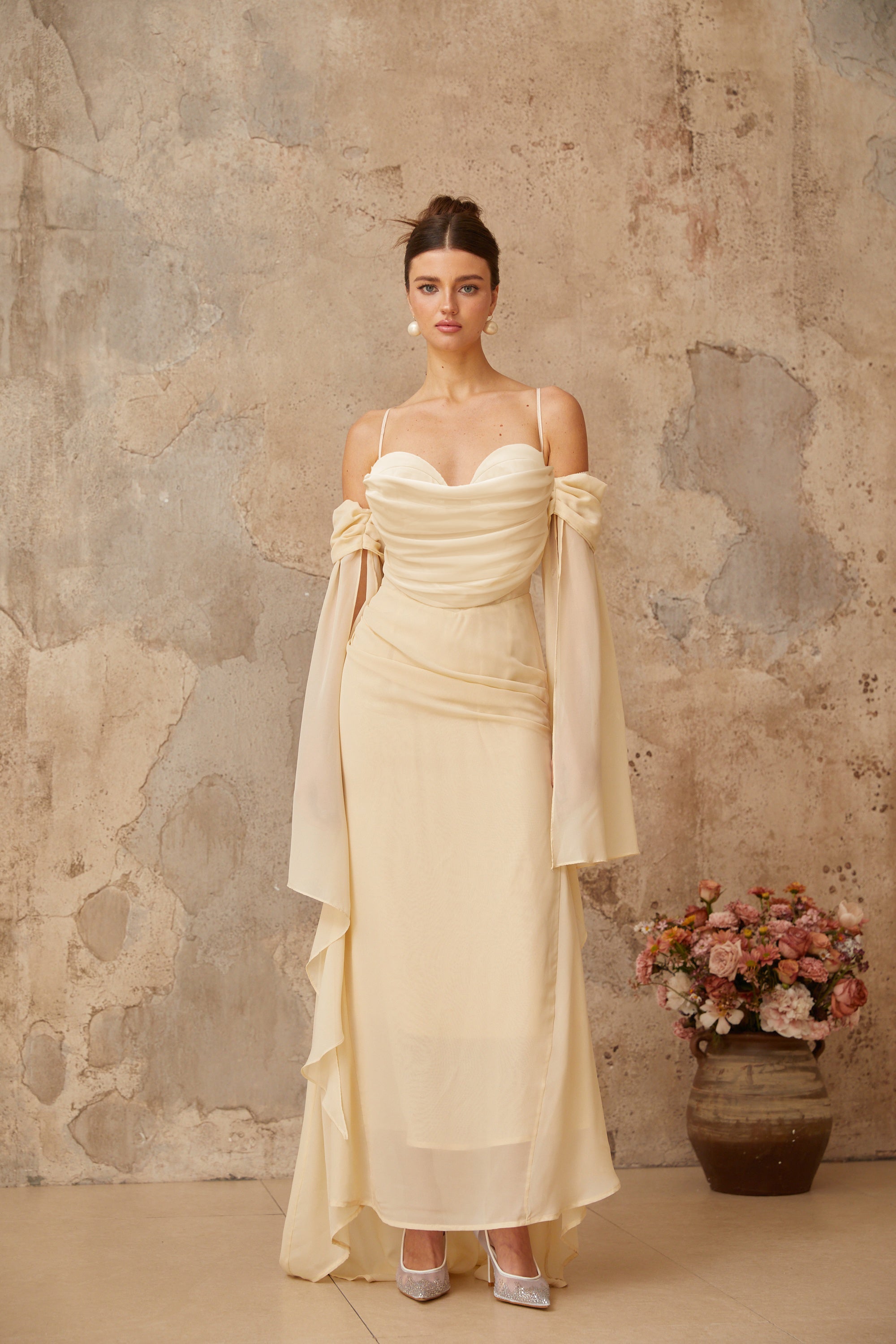 Mélusine Neutral Ruched Chiffon Maxi Dress
