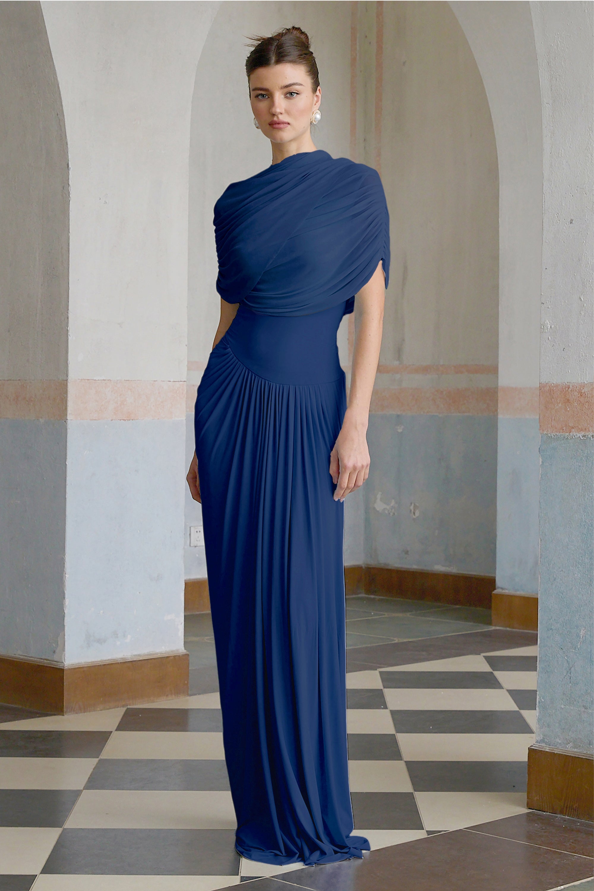 Catherine asymmetrical pleated maxi dress in Navy-blue (Final Sale-US Only)