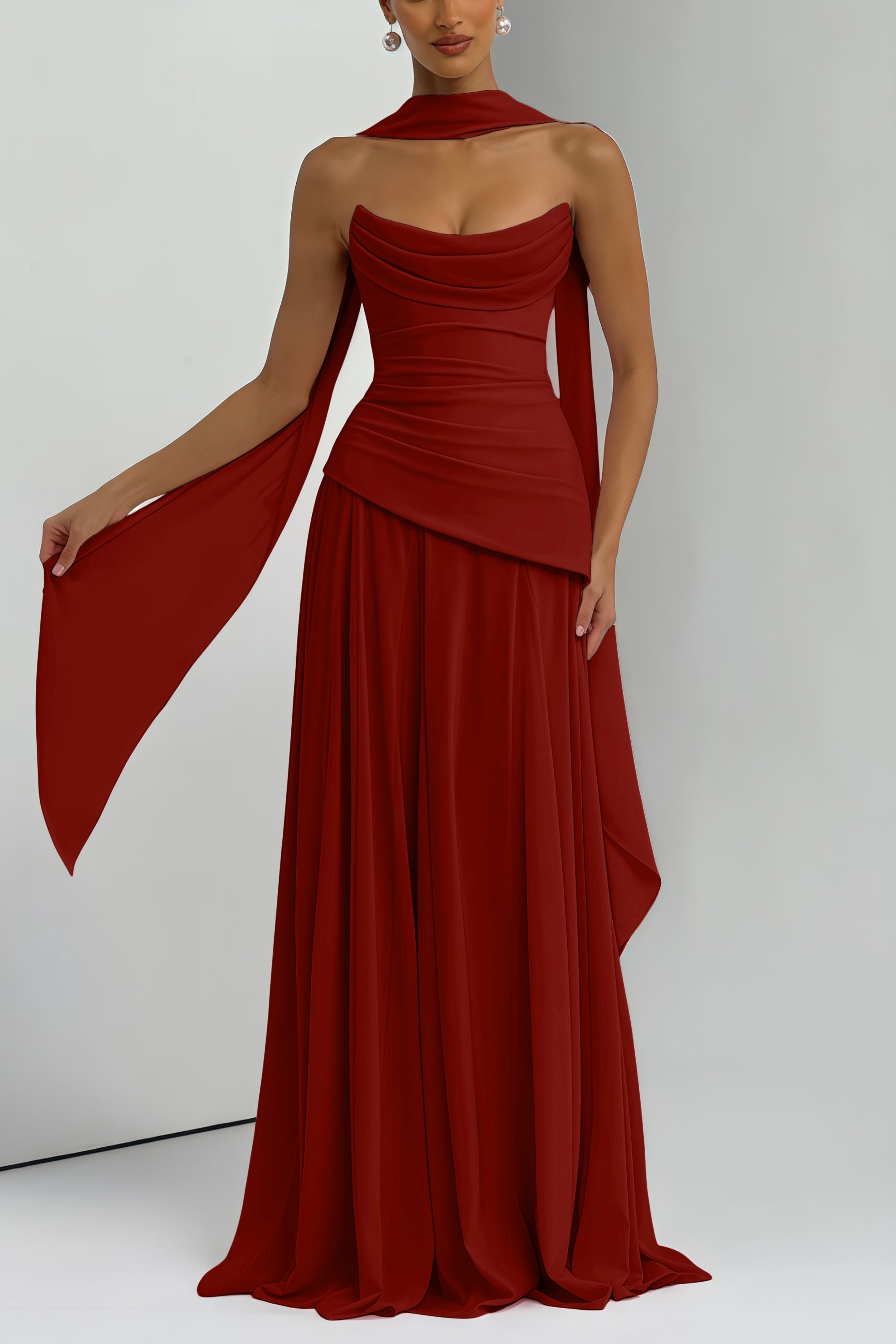 Romane Burgundy Strapless Corset Chiffon Maxi Dress