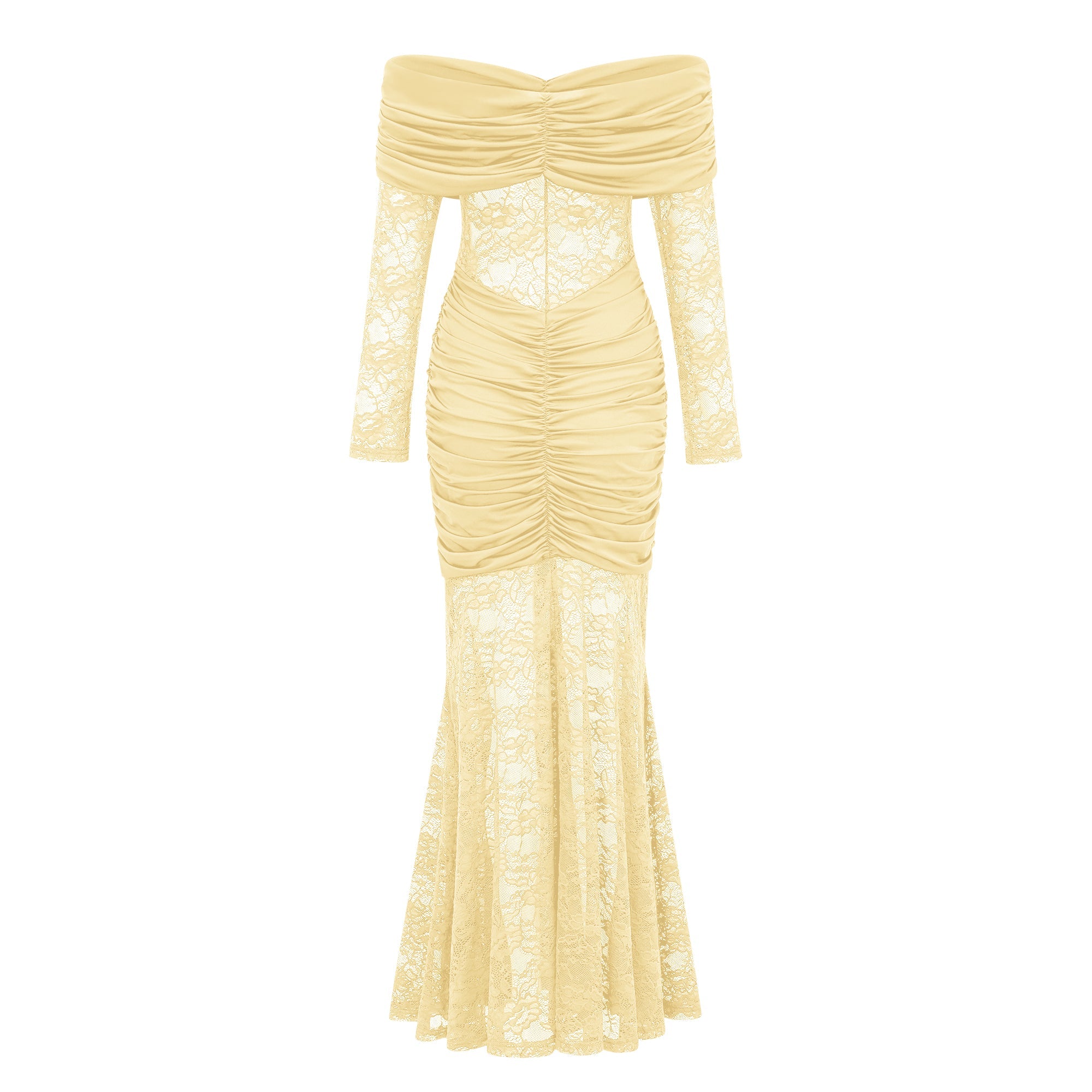 Brigitte Yellow Lace Panel Ruched Maxi Dress (Final Sale-US Only)