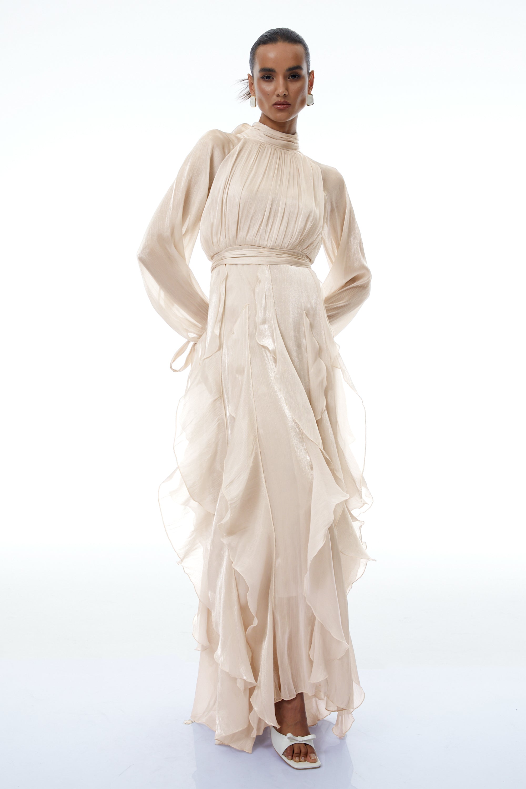 Zélie Neutral Glossy Pleated Ruffled Maxi dress (Final Sale-US Only)