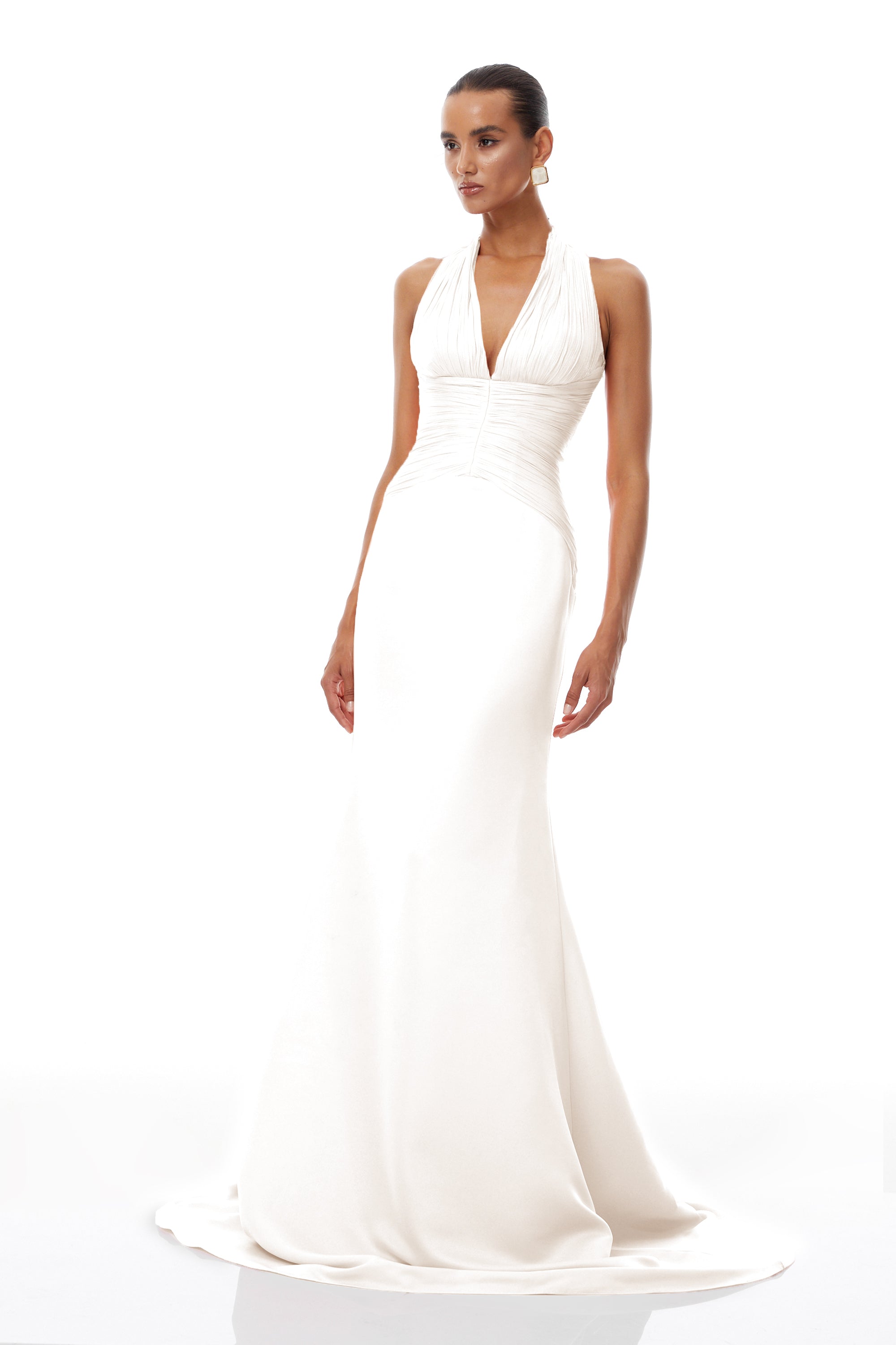 Emmeline White Train Design Gathered Maxi Dress