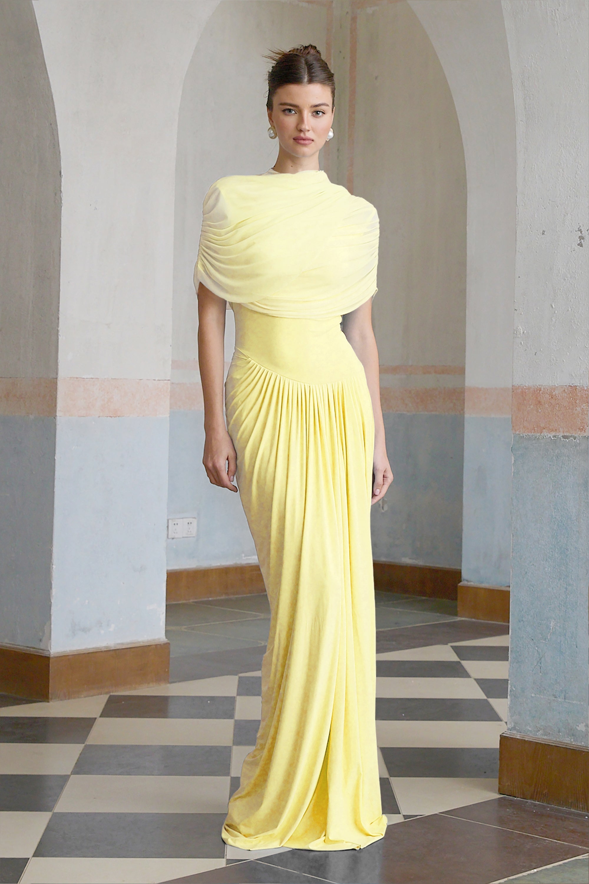 Catherine asymmetrical pleated maxi dress in Yellow