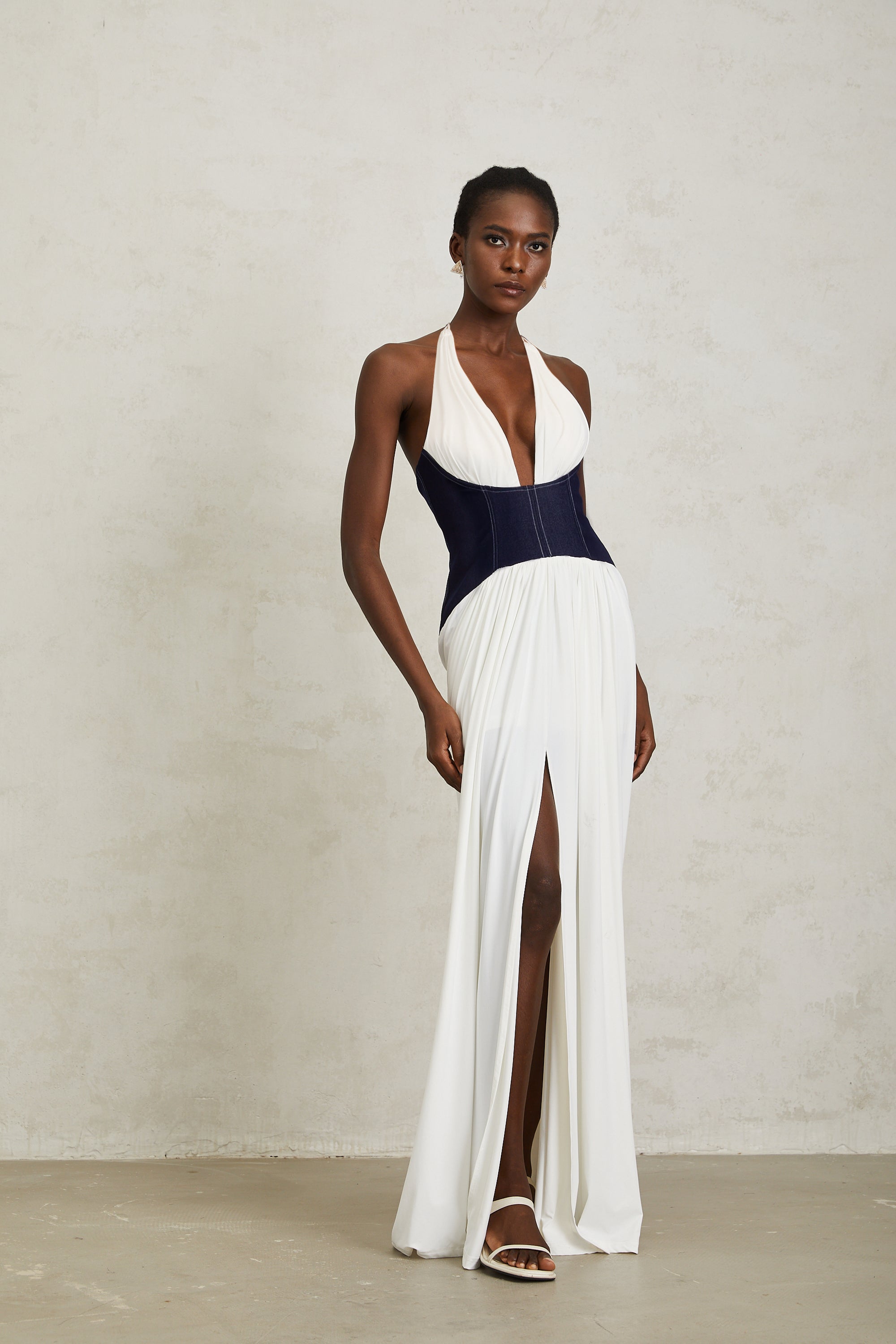 Airi White Halterneck Denim Panel Maxi Dress