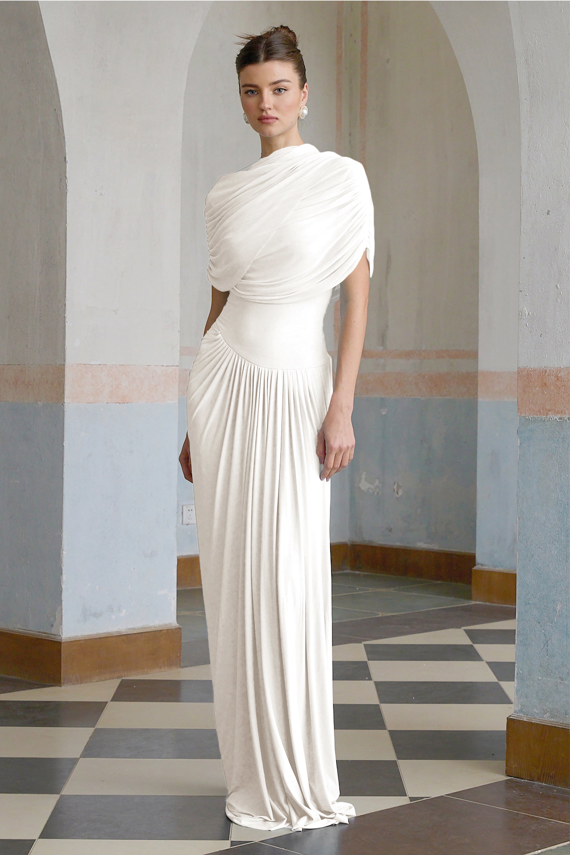 Catherine asymmetric pleated maxi dress in White