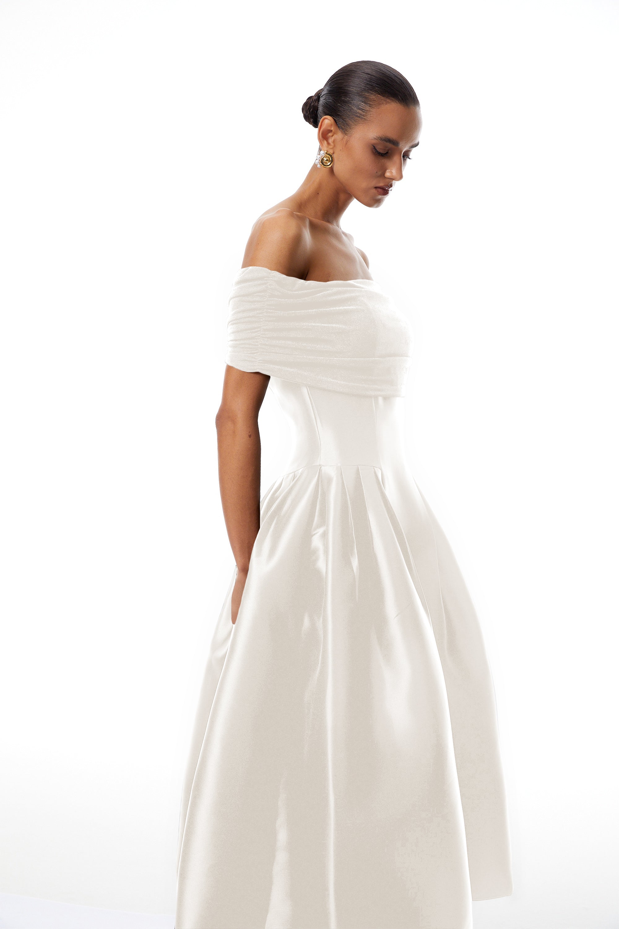 Ainara White Off Shoulder Polished Midi Dress (Final Sale-US Only)